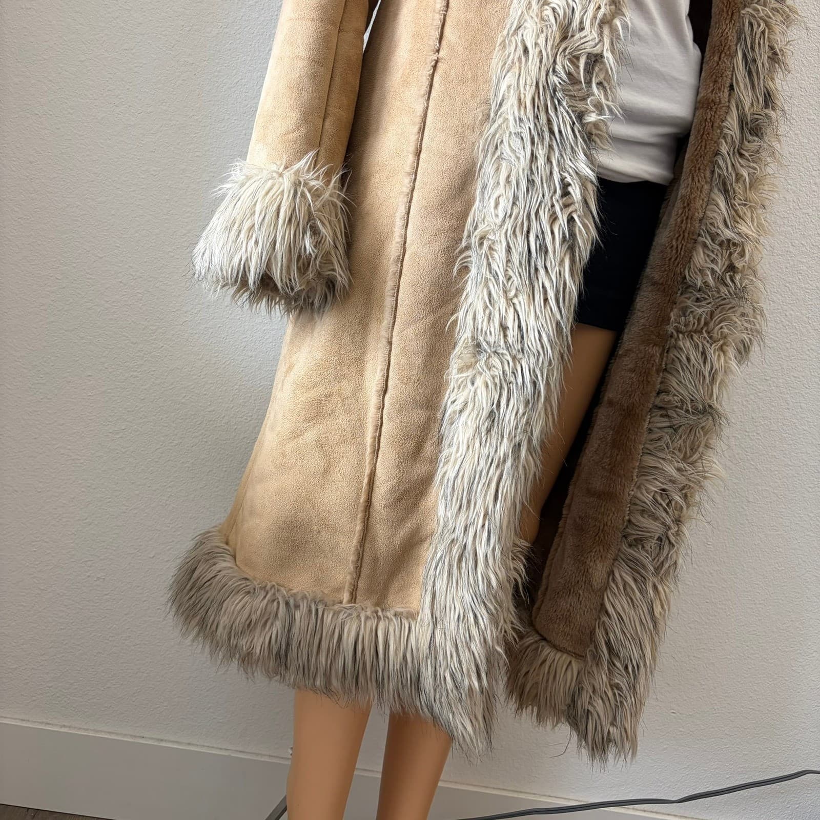 Blanc Noir Penny Lane Coat Womens Medium Tan Faux Suede Fur Trim Hooded Y2K Boho - Thumbnail 11