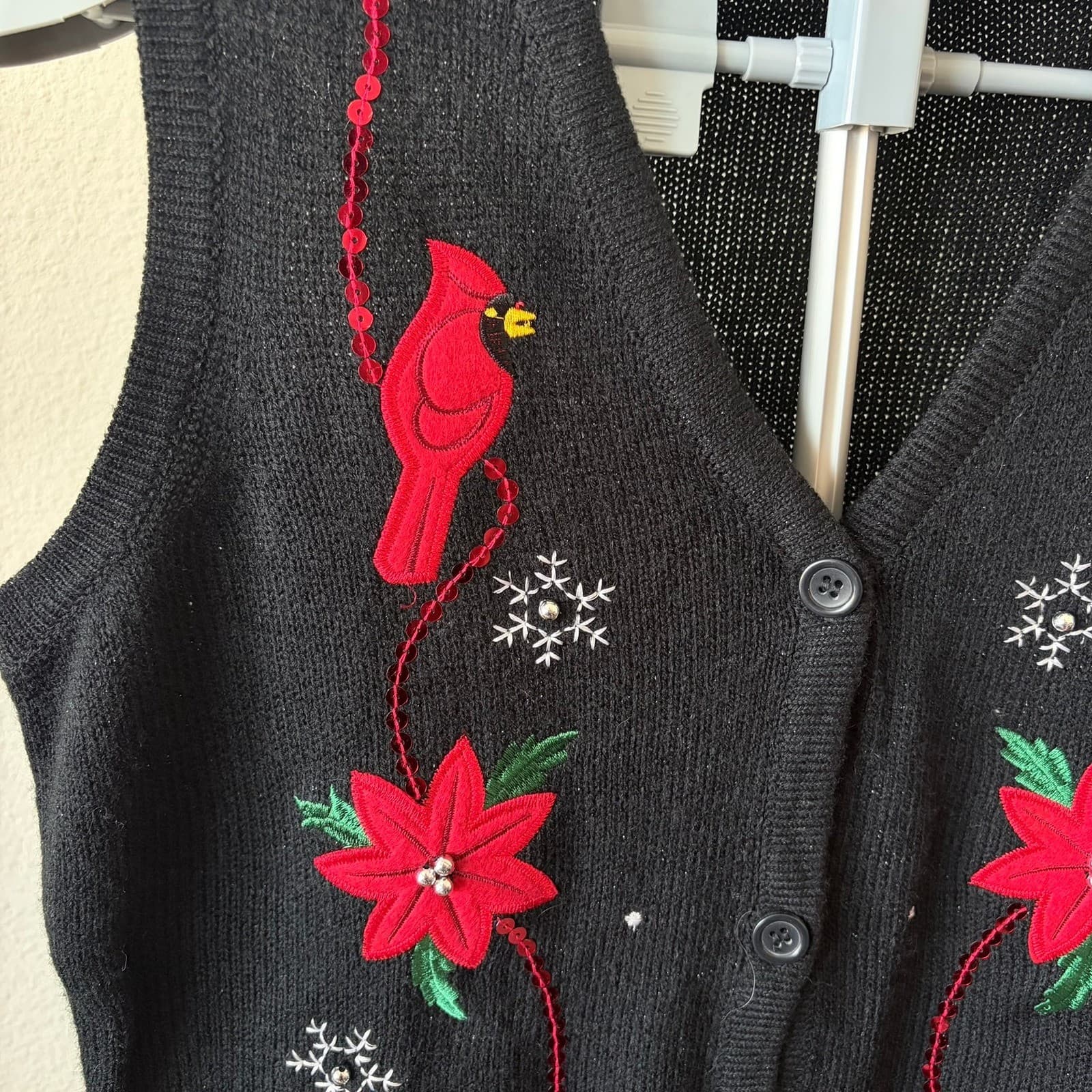 Susan Bristol Womens Christmas Cardinal Poinsettia Vest Black Sz M Vtg Granny - Thumbnail 2