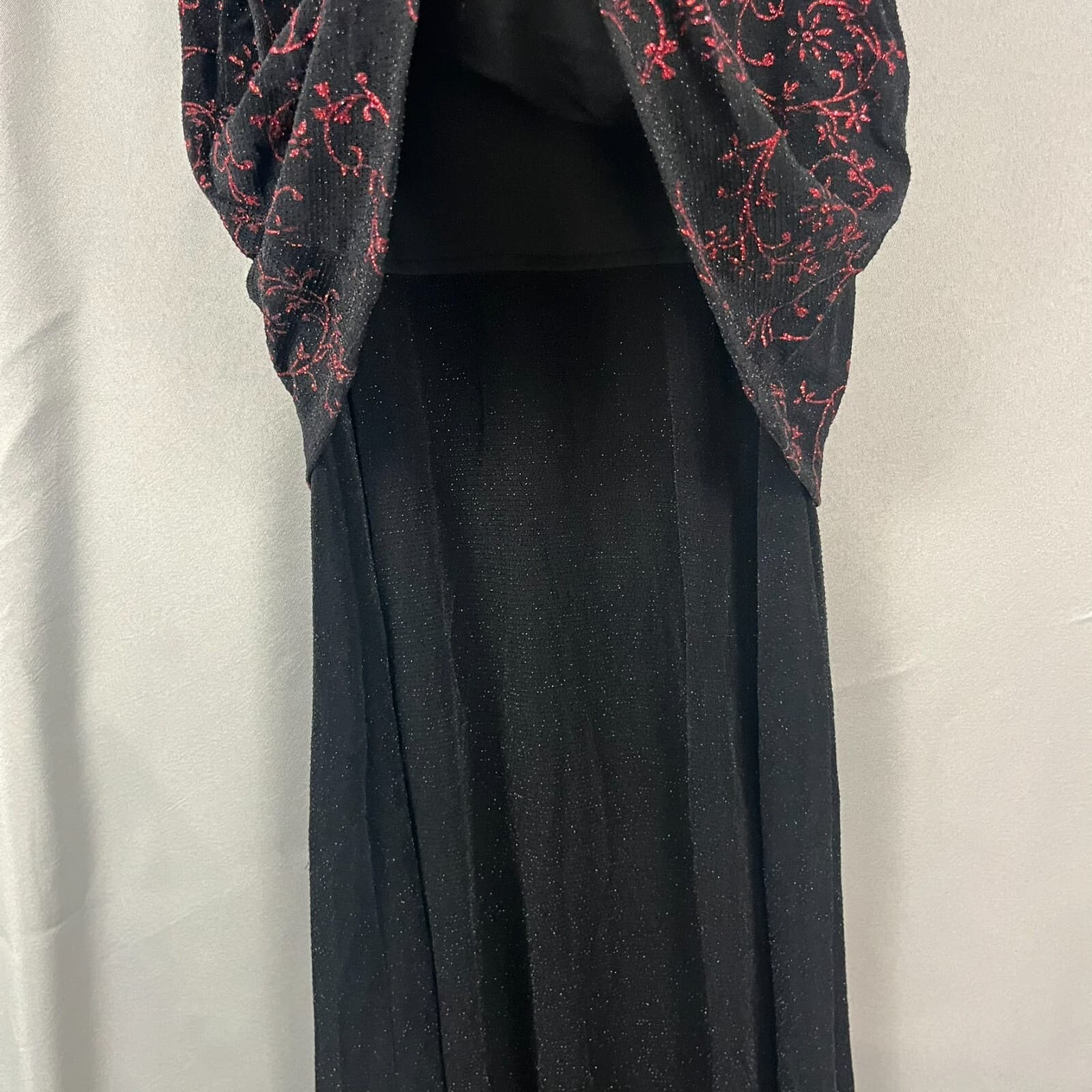 VTG Alex Evenings Maxi Gown Women's 10 Black Red Floral Glitter Sparkles V-Neck - Thumbnail 6