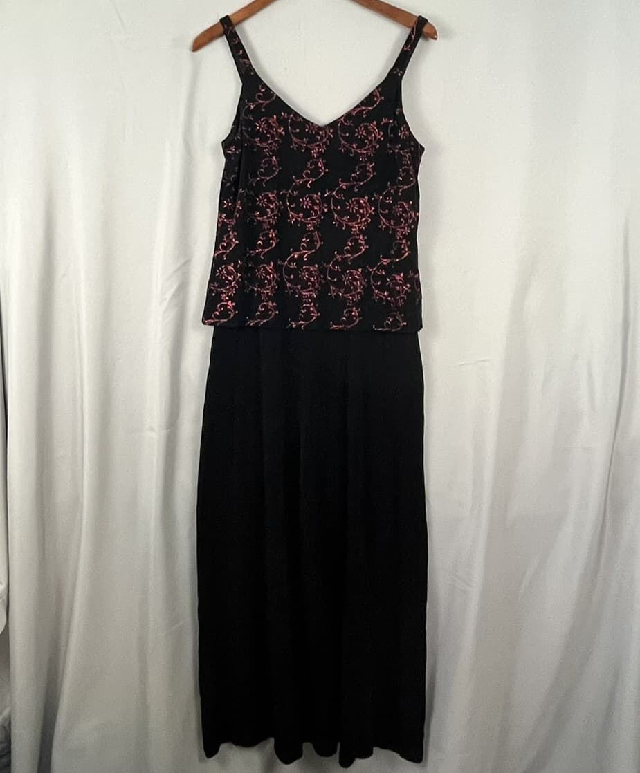 VTG Alex Evenings Maxi Gown Women's 10 Black Red Floral Glitter Sparkles V-Neck - Thumbnail 3
