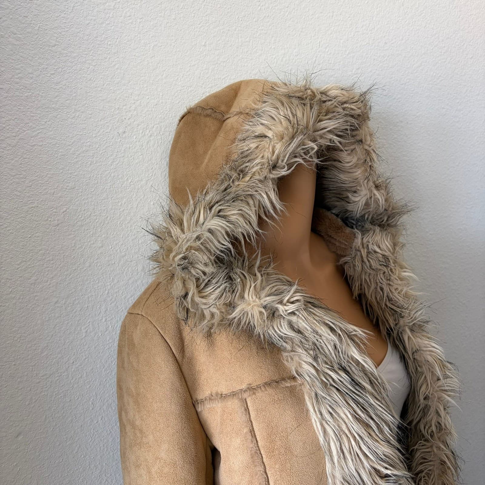 Blanc Noir Penny Lane Coat Womens Medium Tan Faux Suede Fur Trim Hooded Y2K Boho - Thumbnail 10