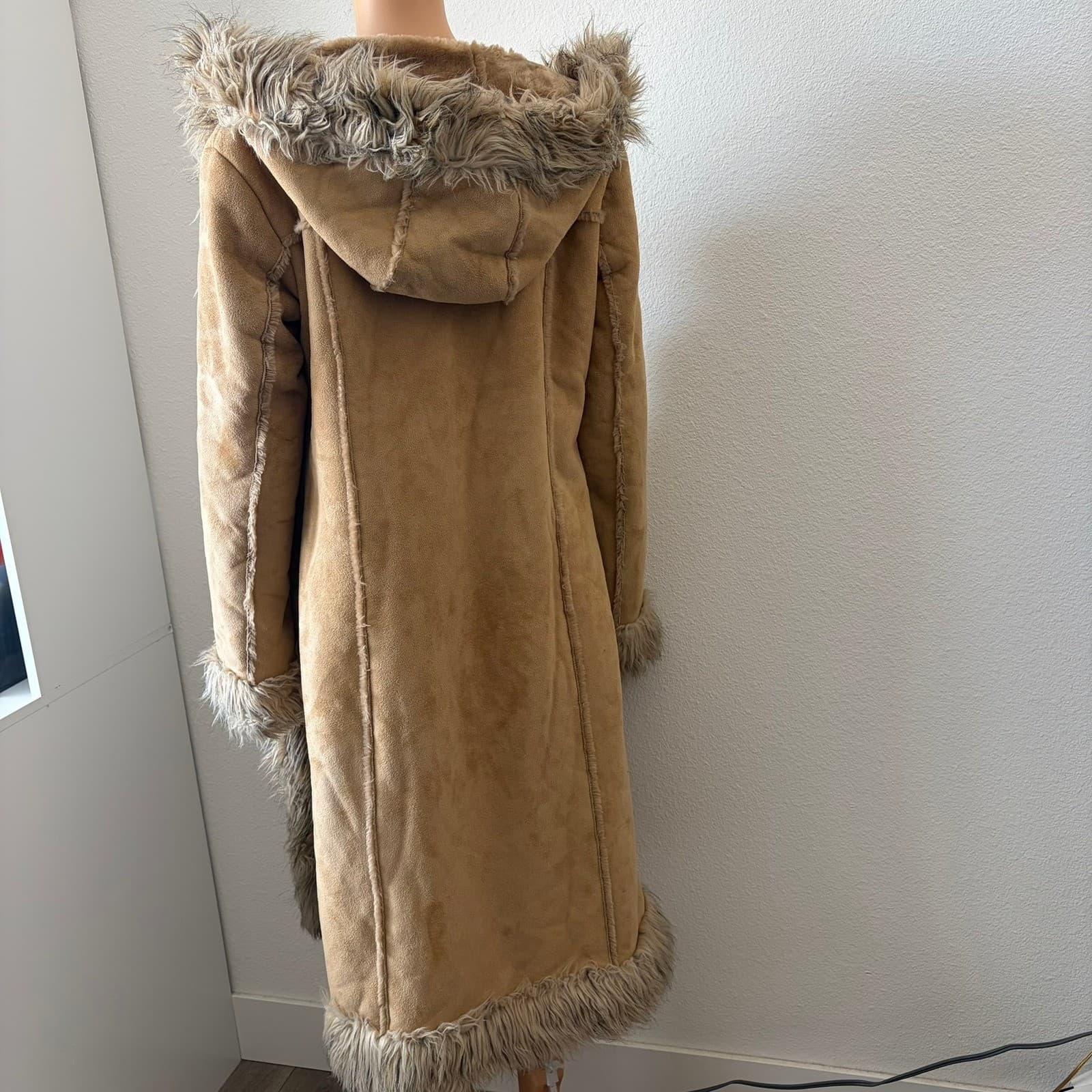 Blanc Noir Penny Lane Coat Womens Medium Tan Faux Suede Fur Trim Hooded Y2K Boho - Thumbnail 6