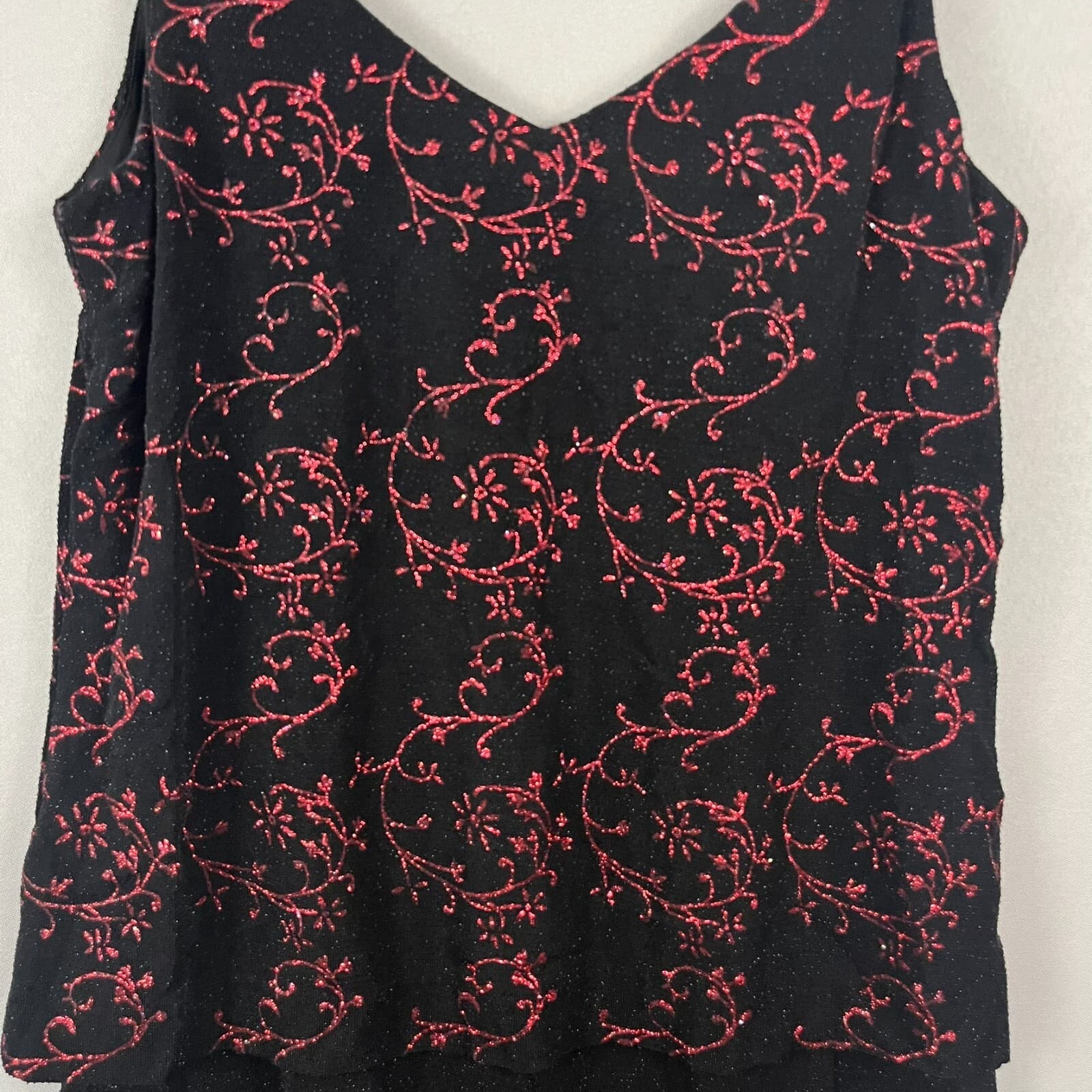 VTG Alex Evenings Maxi Gown Women's 10 Black Red Floral Glitter Sparkles V-Neck - Thumbnail 4