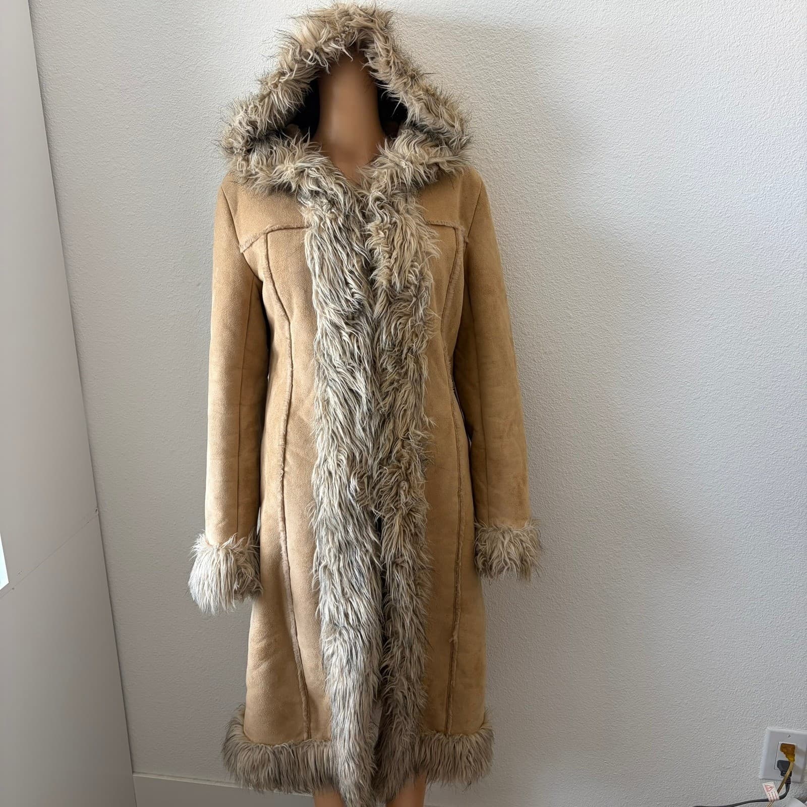 Blanc Noir Penny Lane Coat Womens Medium Tan Faux Suede Fur Trim Hooded Y2K Boho - Thumbnail 2