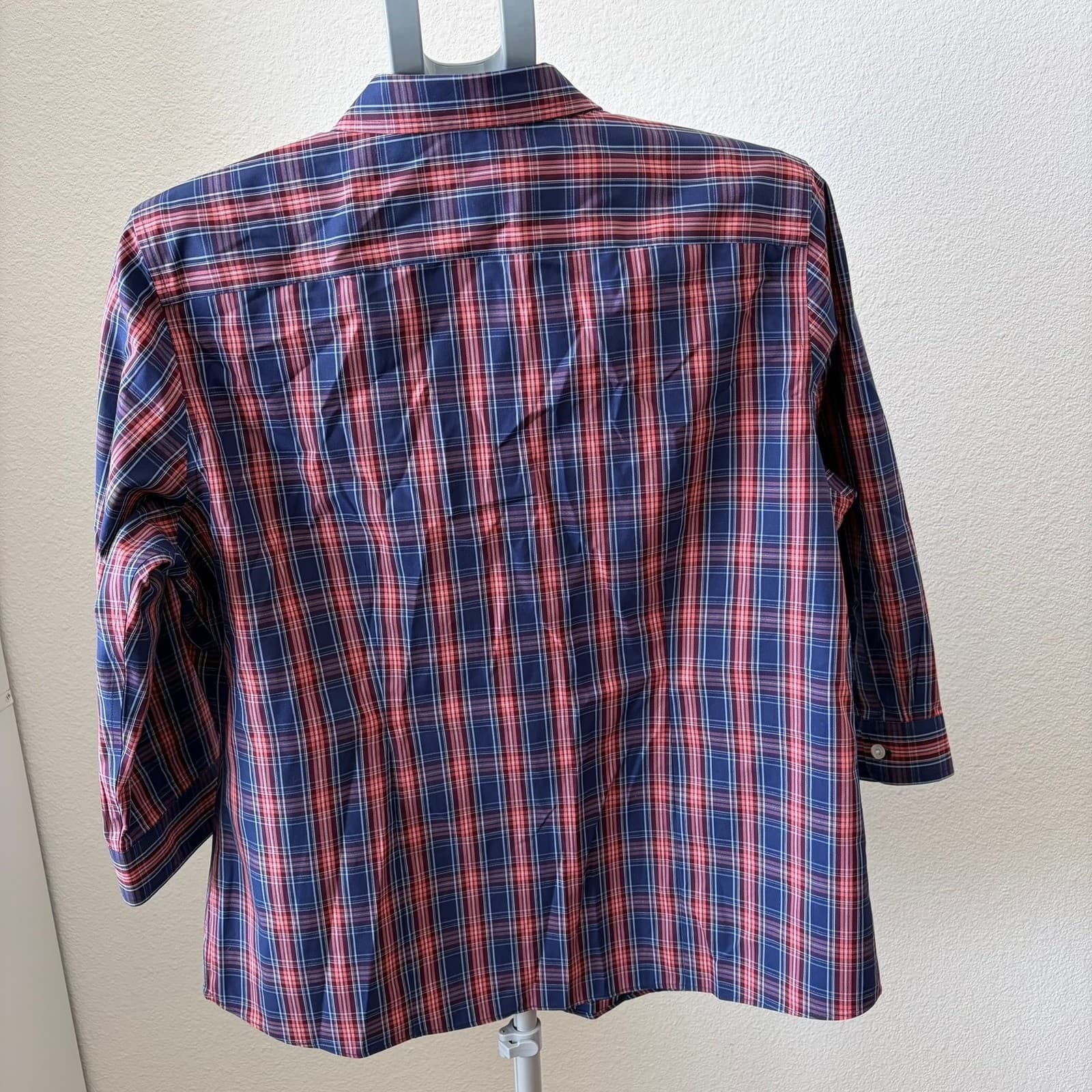 L.L.Bean Button Down Women Large Blue Red Plaid Wrinkle Free 3/4 Sleeve 503441 - Thumbnail 2