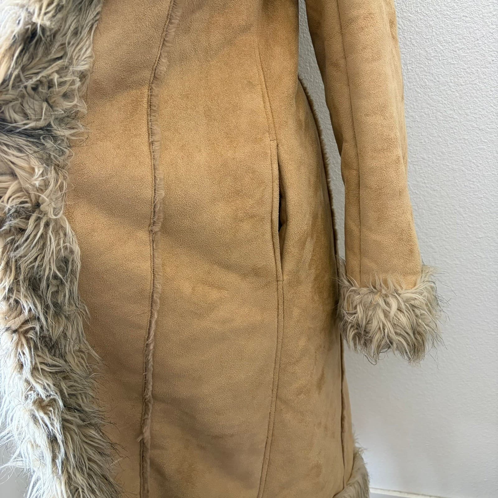 Blanc Noir Penny Lane Coat Womens Medium Tan Faux Suede Fur Trim Hooded Y2K Boho - Thumbnail 13