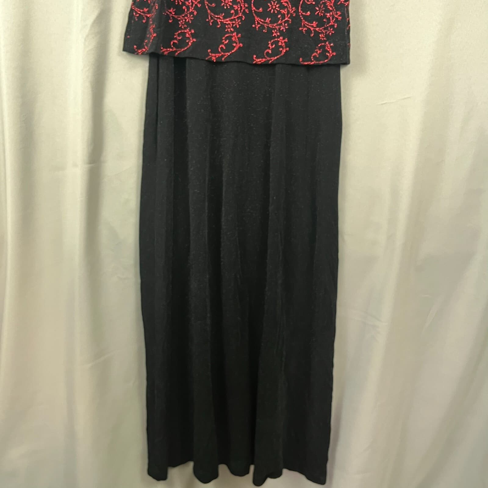 VTG Alex Evenings Maxi Gown Women's 10 Black Red Floral Glitter Sparkles V-Neck - Thumbnail 8