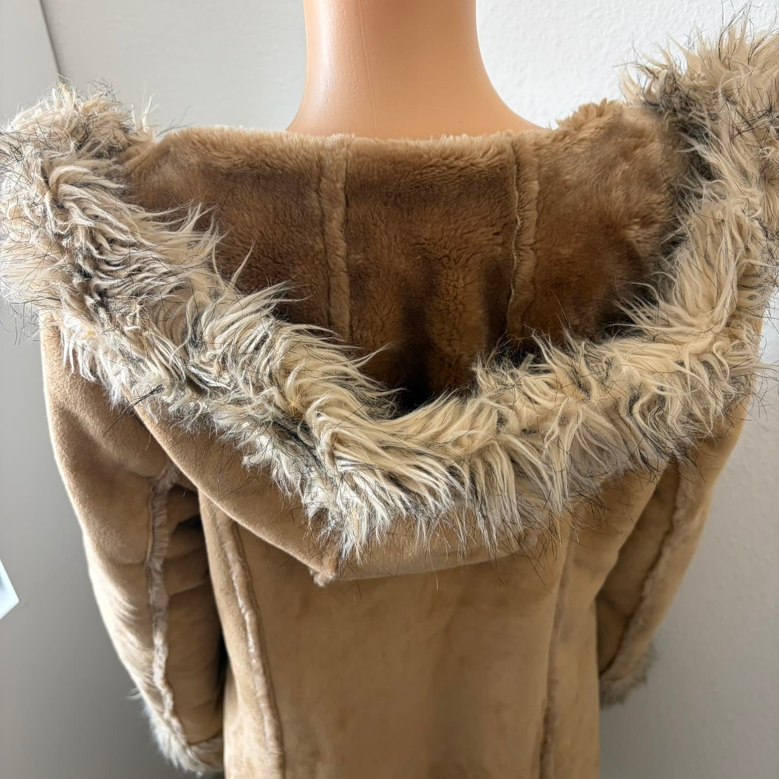 Blanc Noir Penny Lane Coat Womens Medium Tan Faux Suede Fur Trim Hooded Y2K Boho - Thumbnail 12