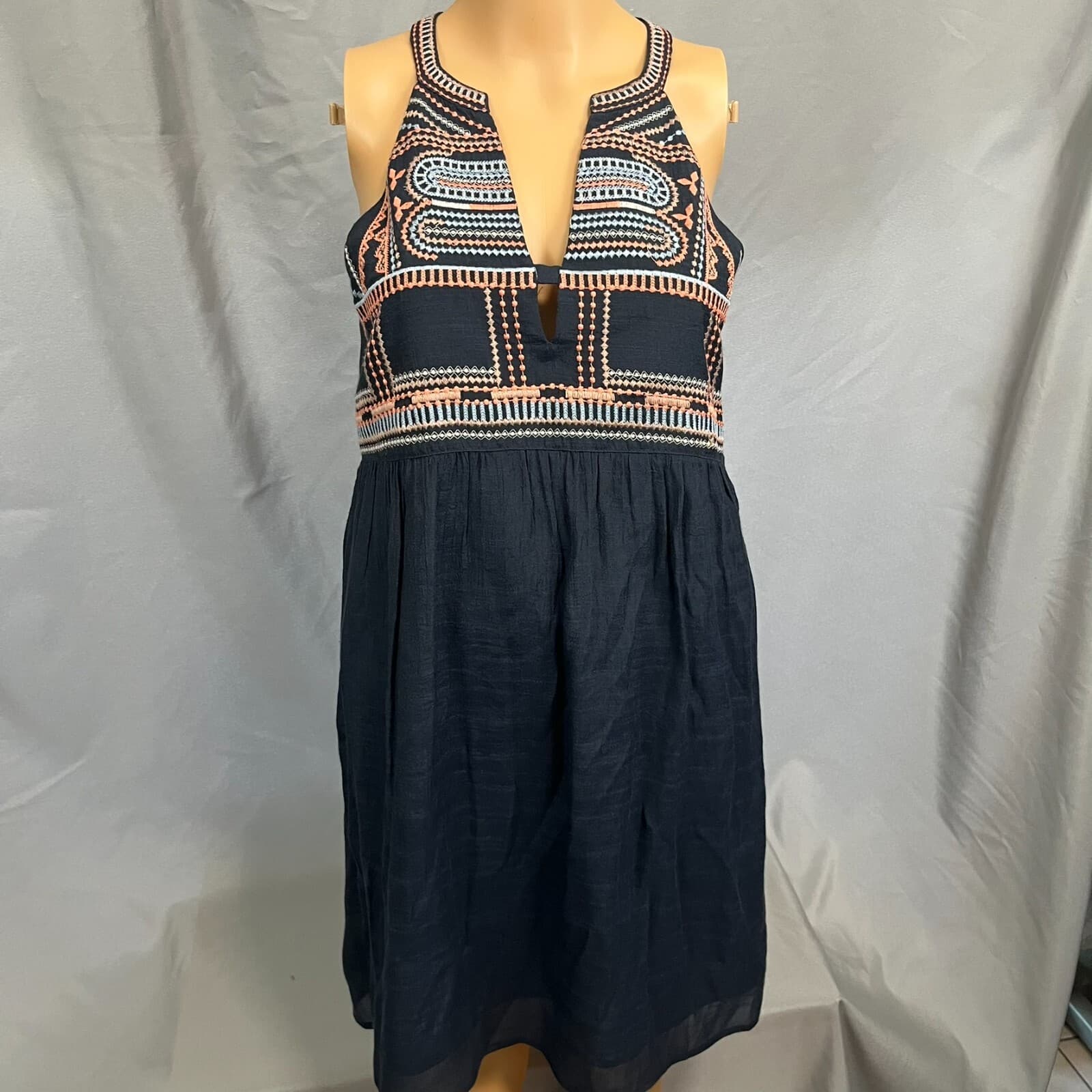 THML Fit & Flare Dress Womens Small Dark Blue Aztec Embroidered Rayon Pullover - Thumbnail 3