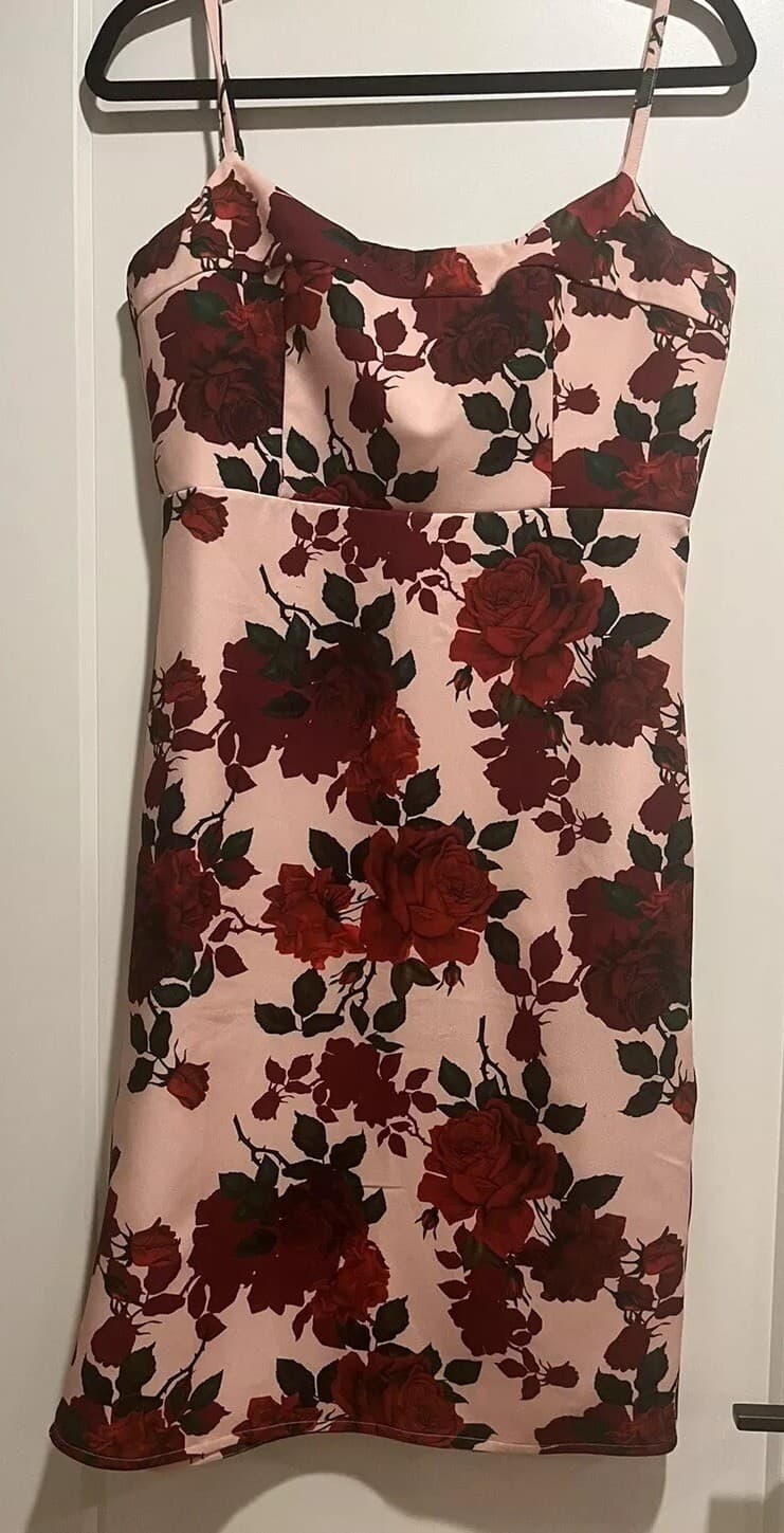 True Violet Cocktail Spaghetti Strap Dress Rose Floral UK 12 Pink Red US 6 8 M - Thumbnail 2