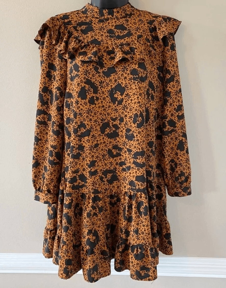 Topshop Brown Black Ruffle Yoke Long Sleeve Dress Women’s Size 8 Leopard floral - Thumbnail 3