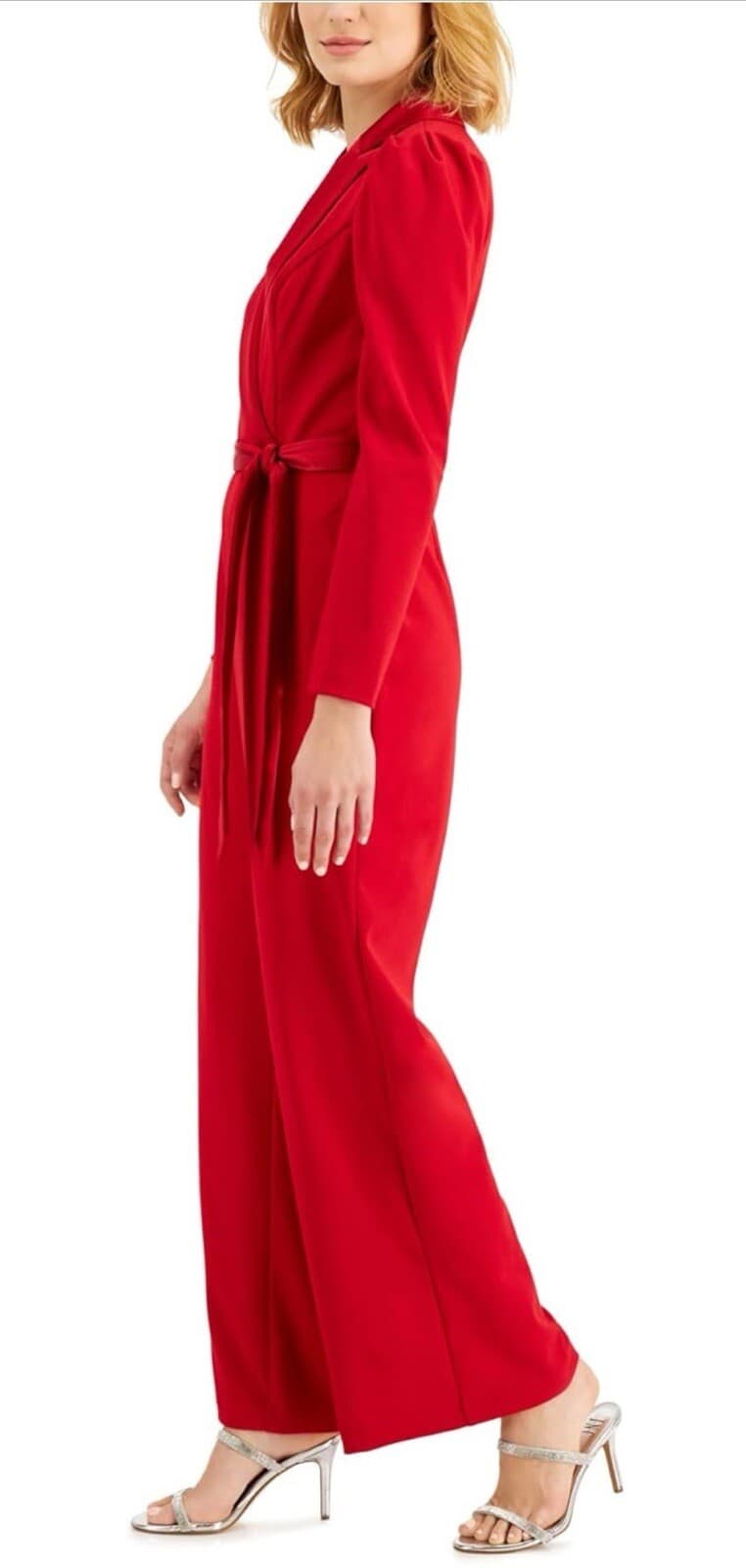 Adrianna Papell Womens Knit Crepe Tuxedo Jumpsuit Red 4 Long-sleeve WORN ONCE - Thumbnail 2