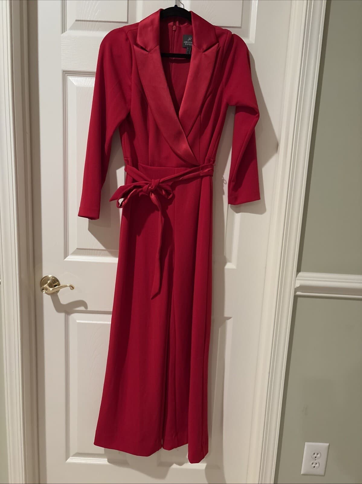 Adrianna Papell Womens Knit Crepe Tuxedo Jumpsuit Red 4 Long-sleeve WORN ONCE - Thumbnail 4