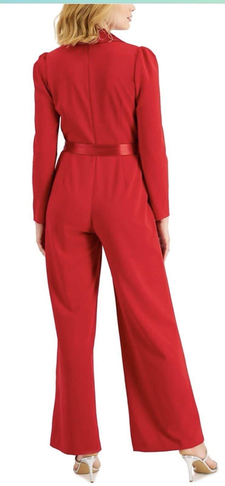 Adrianna Papell Womens Knit Crepe Tuxedo Jumpsuit Red 4 Long-sleeve WORN ONCE - Thumbnail 3