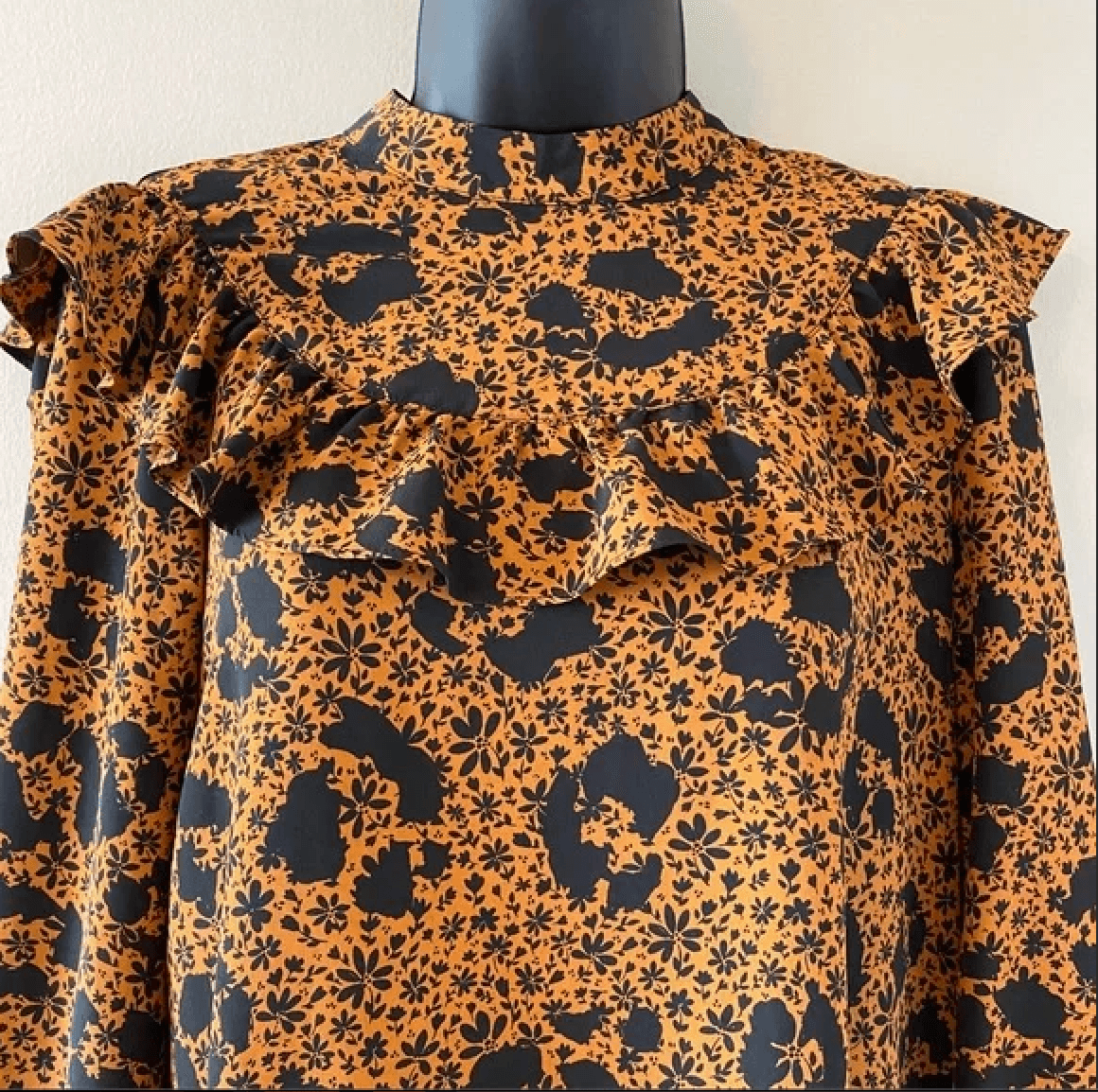 Topshop Brown Black Ruffle Yoke Long Sleeve Dress Women’s Size 8 Leopard floral - Thumbnail 2