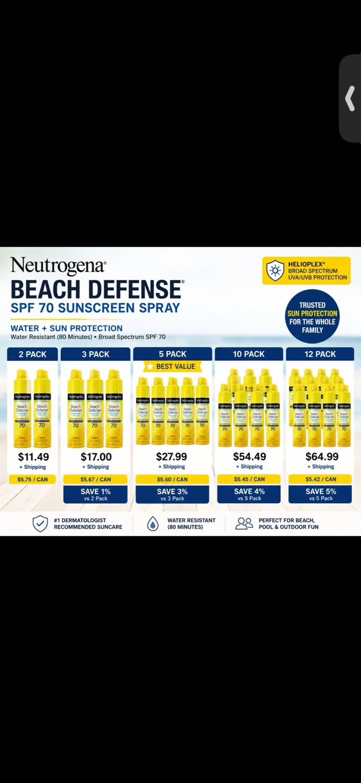 3PK- Neutrogena Beach Defense Waterproof Sunscreen Spray Lotion SPF 70 (5 Oz.) - Thumbnail 3