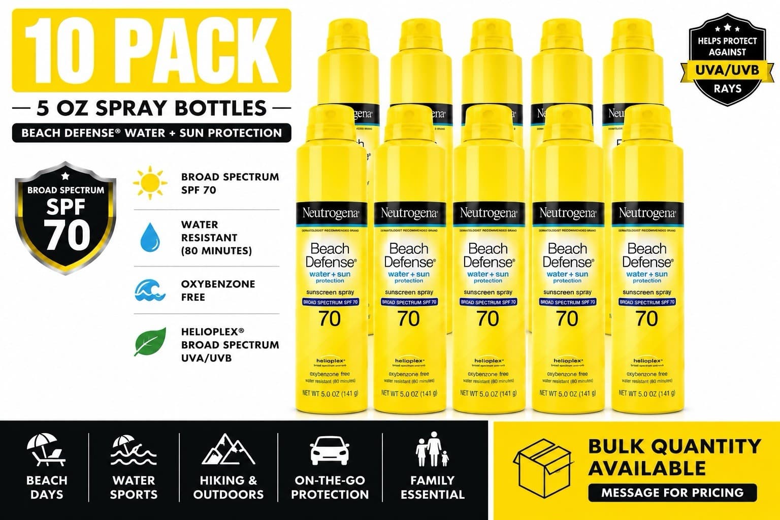 10 PACK Neutrogena Beach Defense Sunscreen Spray Lotion SPF 70- 5 Oz. Exp 11/26 - Thumbnail 2
