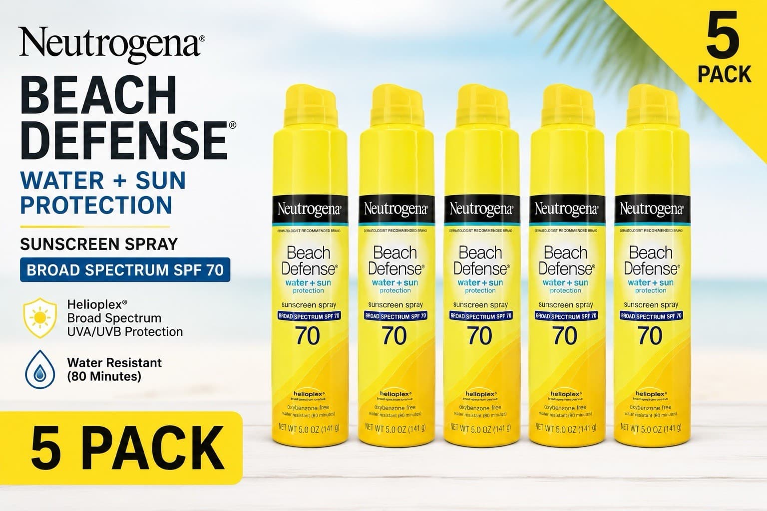 5 Pack- New Neutrogena SPF 70 Beach Defense Sunscreen Spray Lotion (5 Oz.) - Thumbnail 3