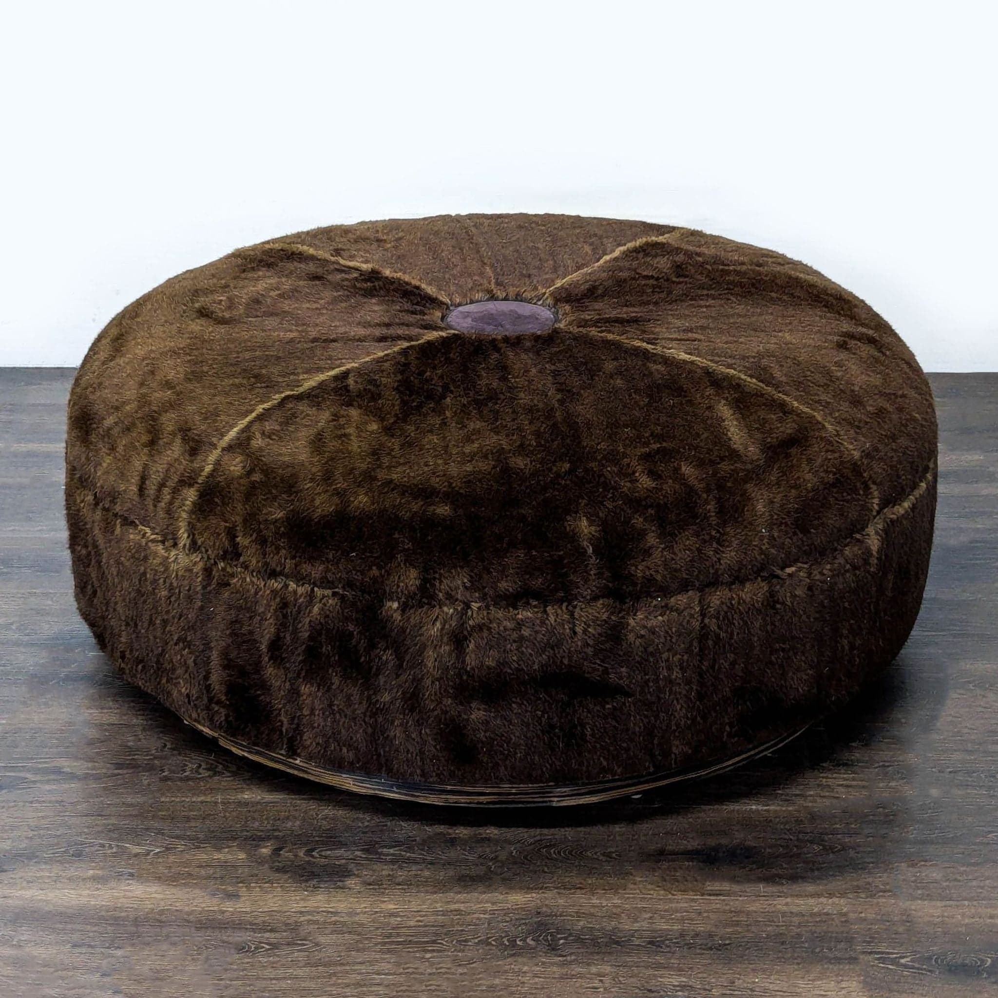Fur Covered Ottoman on Wood Base - Thumbnail 3