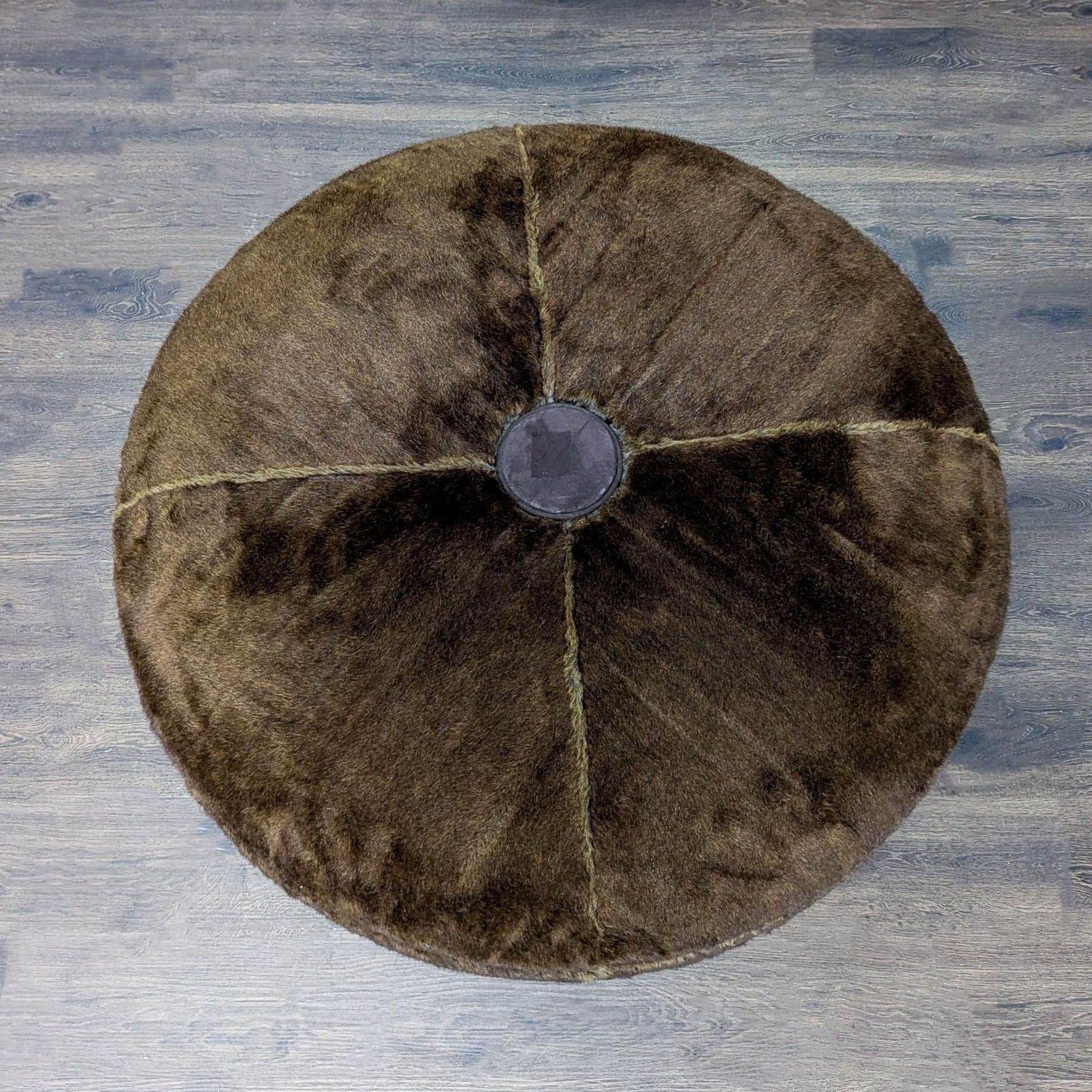 Fur Covered Ottoman on Wood Base - Thumbnail 2