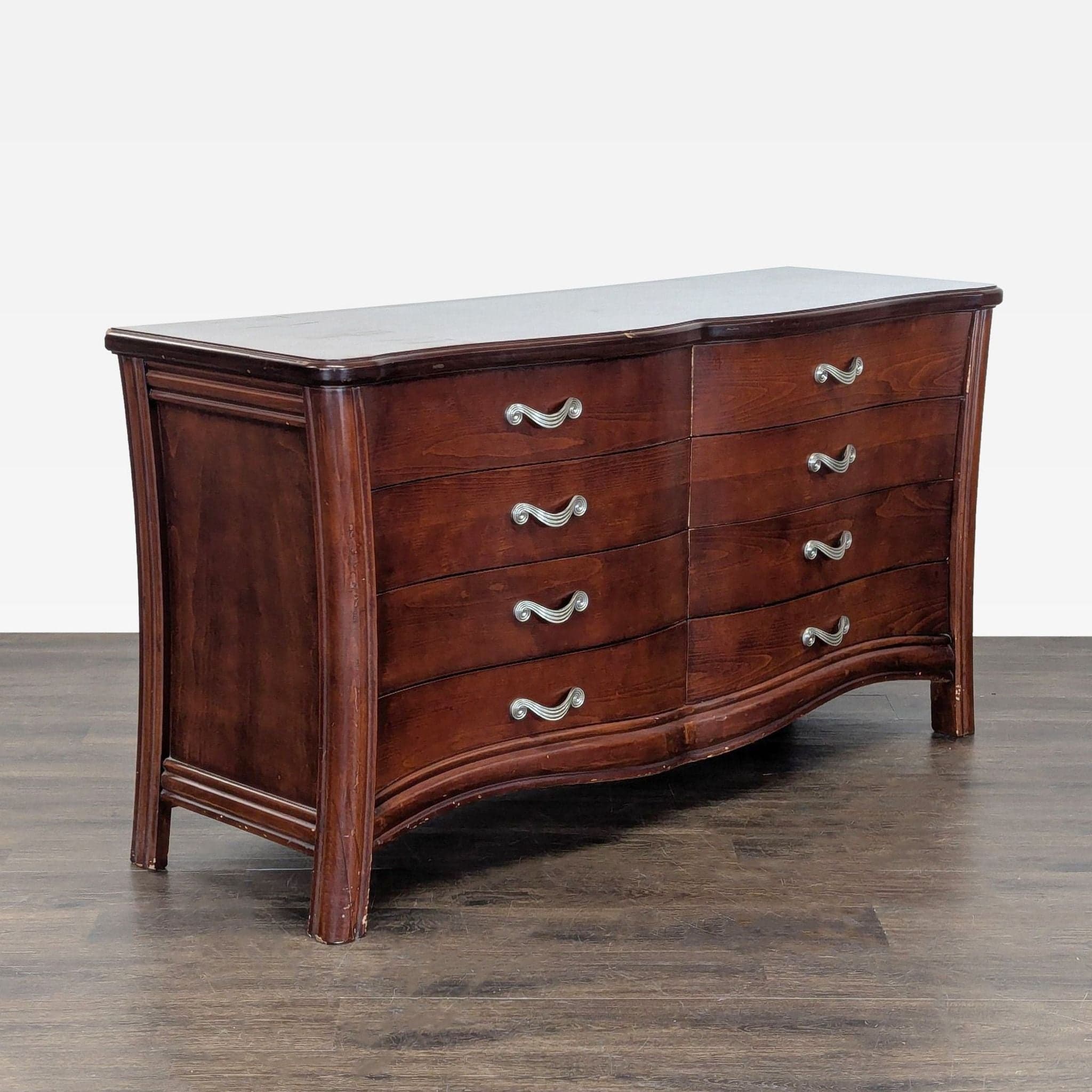 Vintage 8-Drawer Curved Front Wooden Dresser with Elegant Handles - Thumbnail 8
