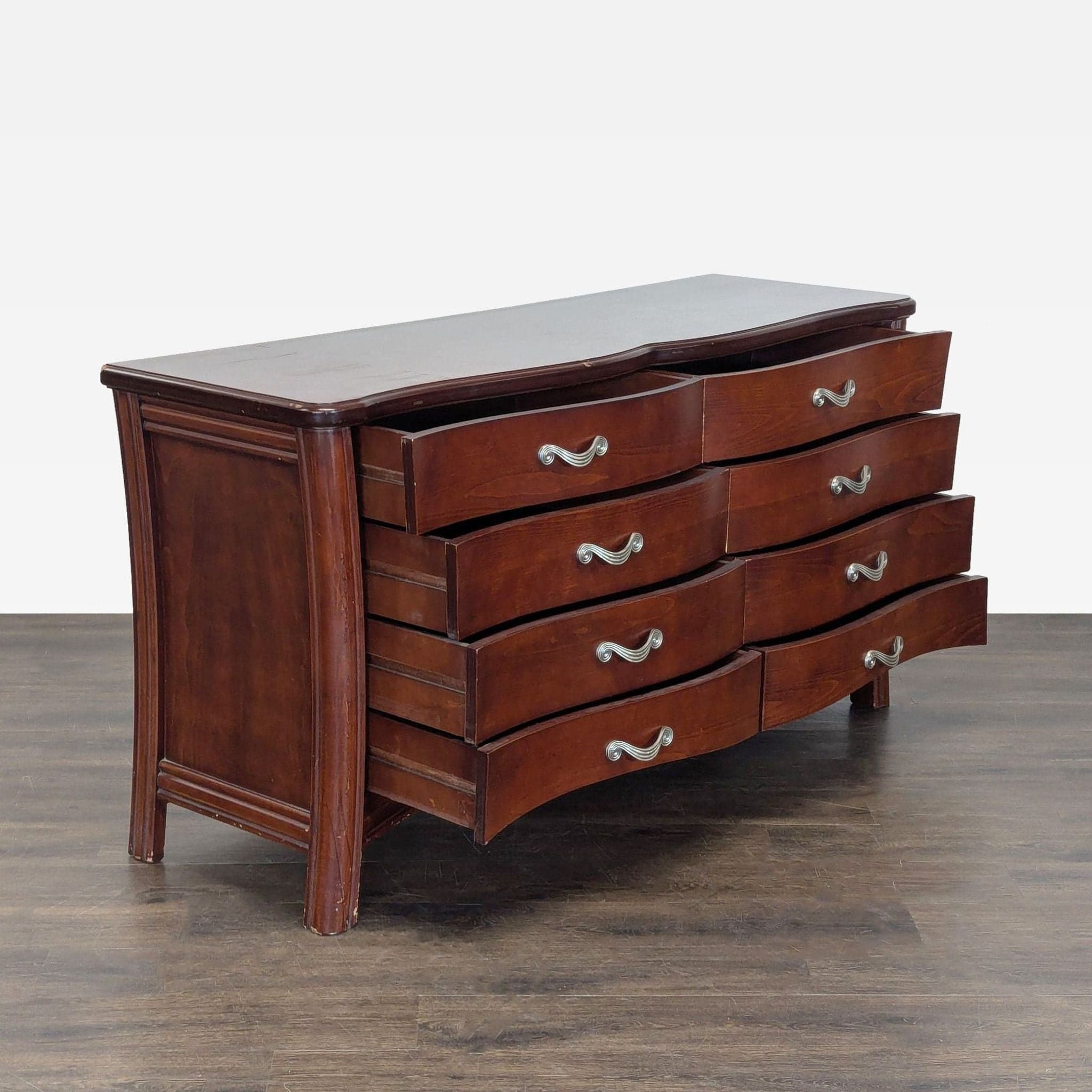 Vintage 8-Drawer Curved Front Wooden Dresser with Elegant Handles - Thumbnail 2