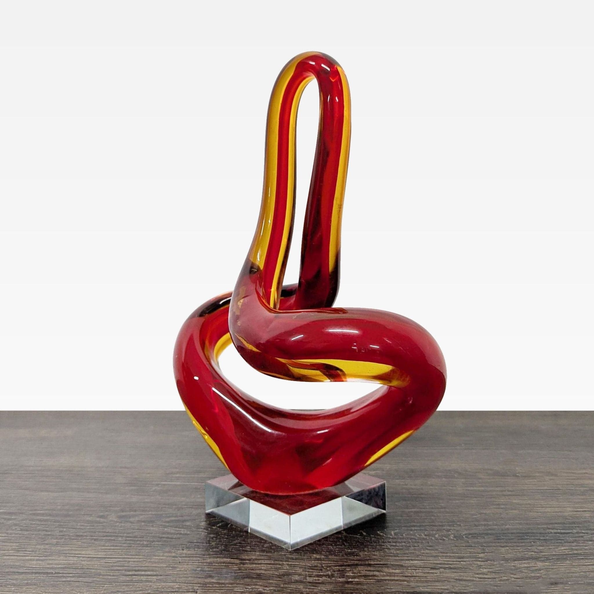 Modern Abstract Red and Amber Glass Sculpture on Clear Base - Thumbnail 3