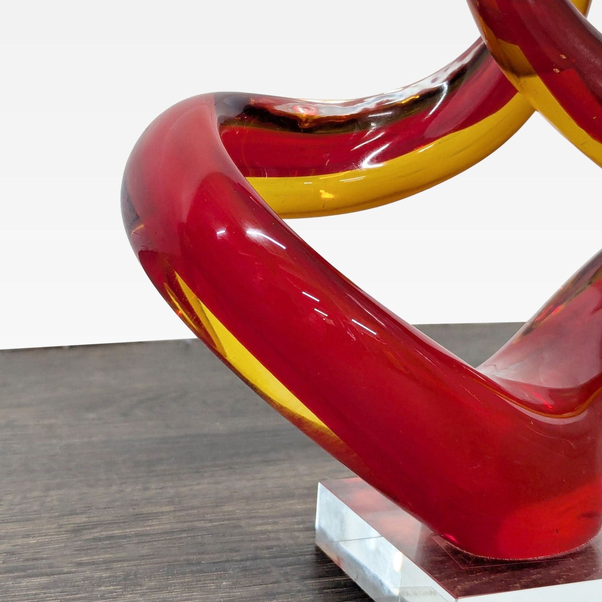Modern Abstract Red and Amber Glass Sculpture on Clear Base - Thumbnail 4