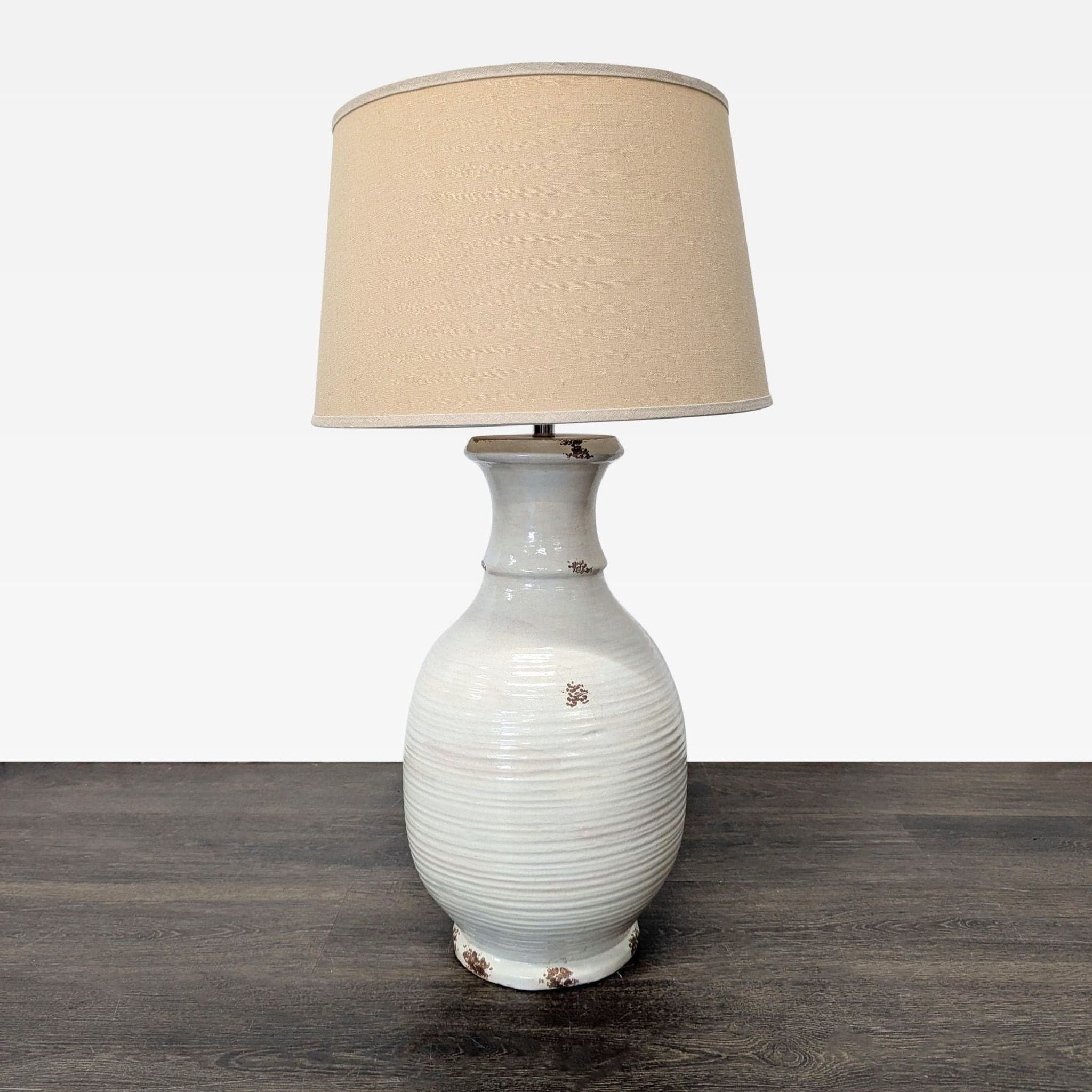 Ceramic Table Lamp with Beige Shade, Ribbed Texture, and Rustic Accents - Thumbnail 7