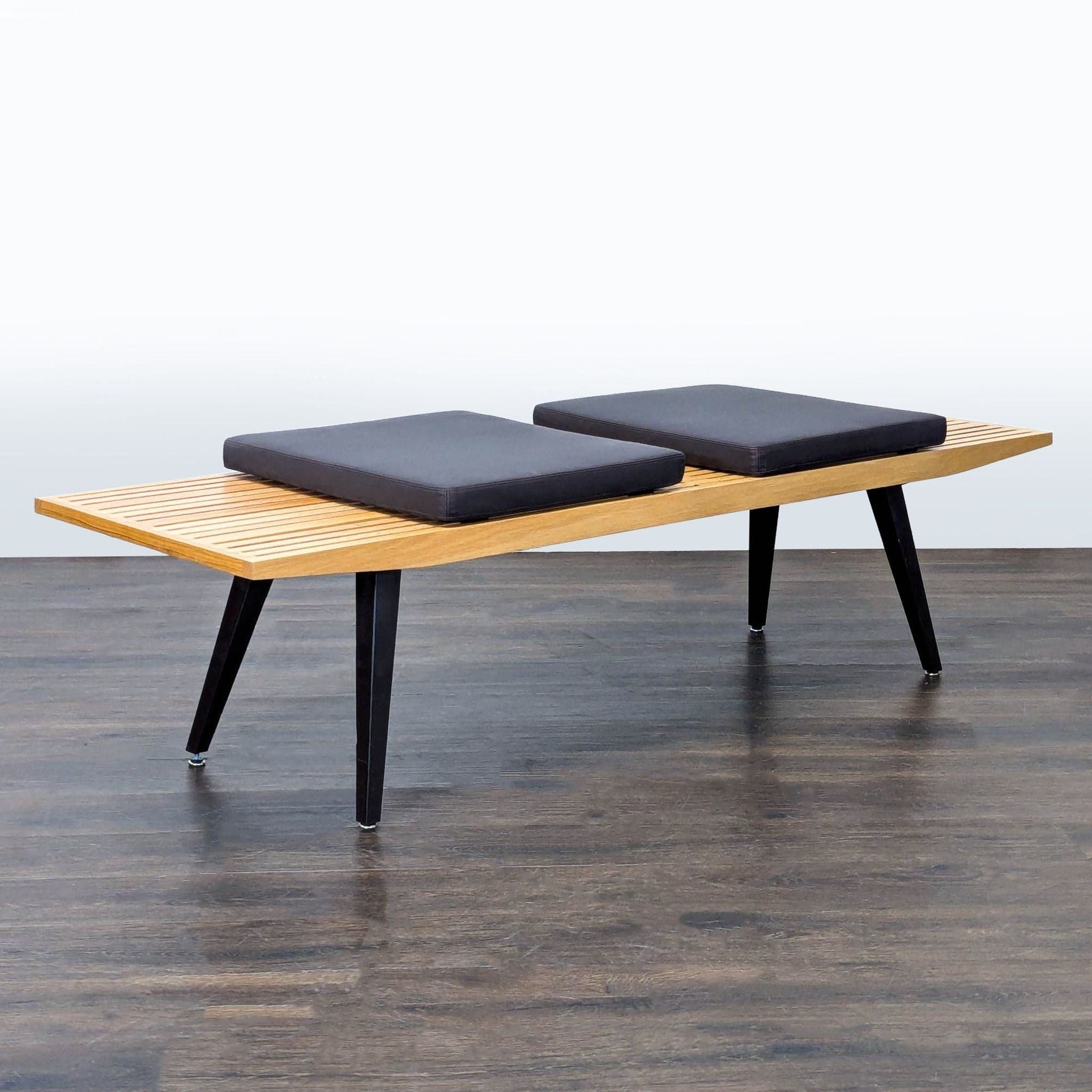 Mid-Century Slatted Wood Bench with Cushions - Thumbnail 2