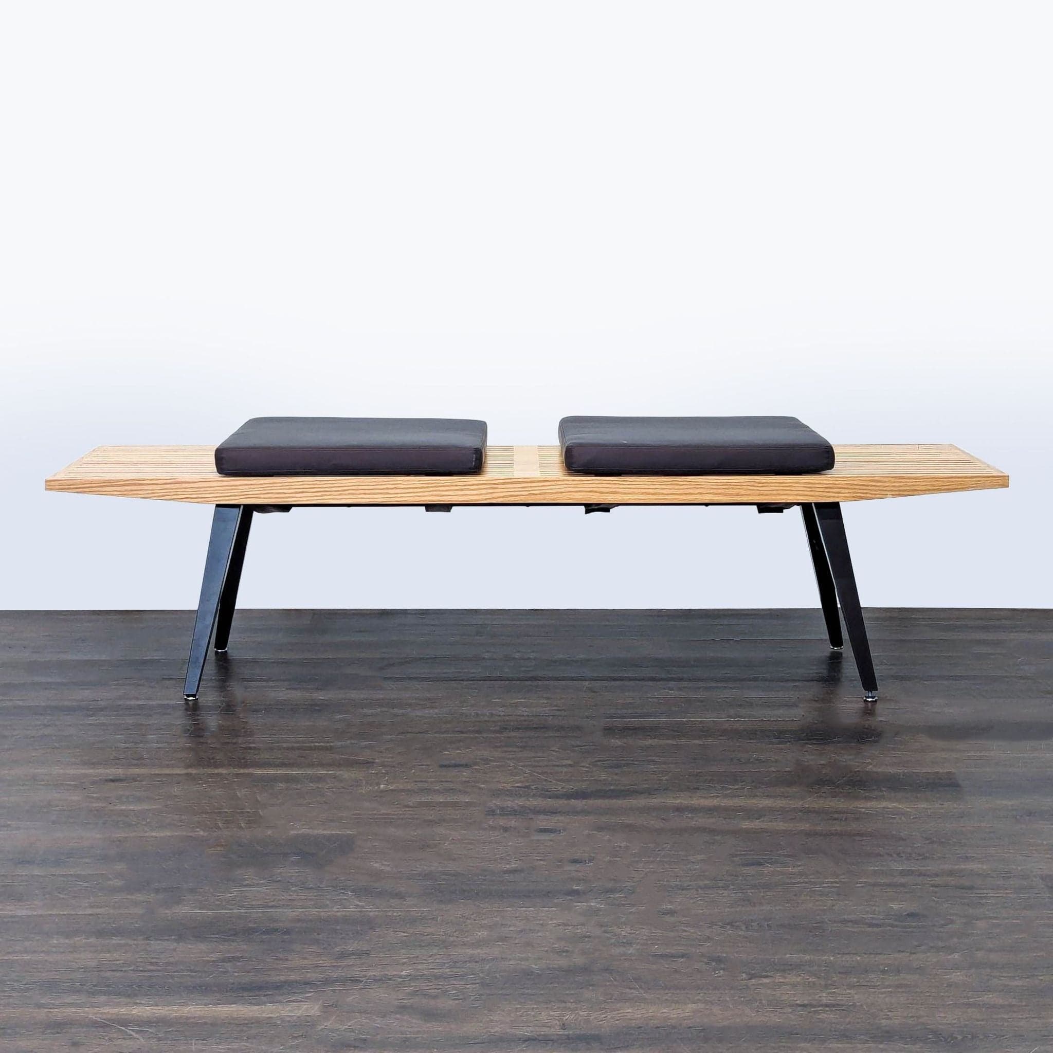 Mid-Century Slatted Wood Bench with Cushions - Thumbnail 4