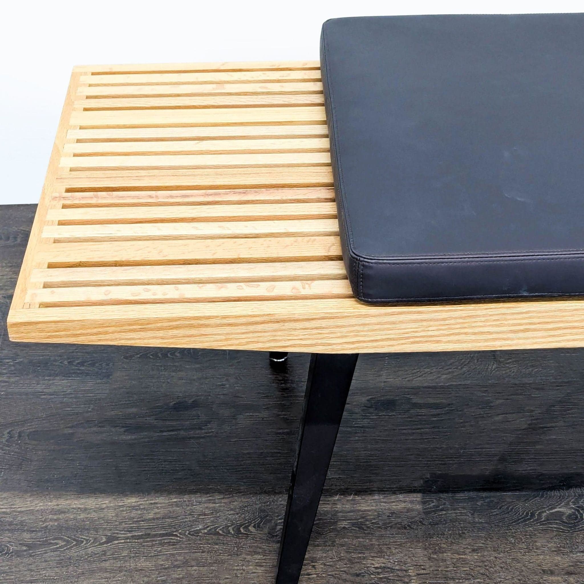 Mid-Century Slatted Wood Bench with Cushions - Thumbnail 5