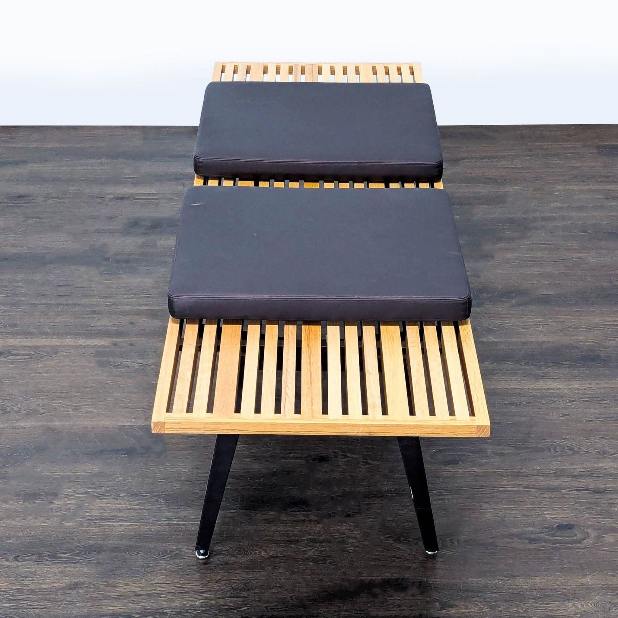 Mid-Century Slatted Wood Bench with Cushions - Thumbnail 3