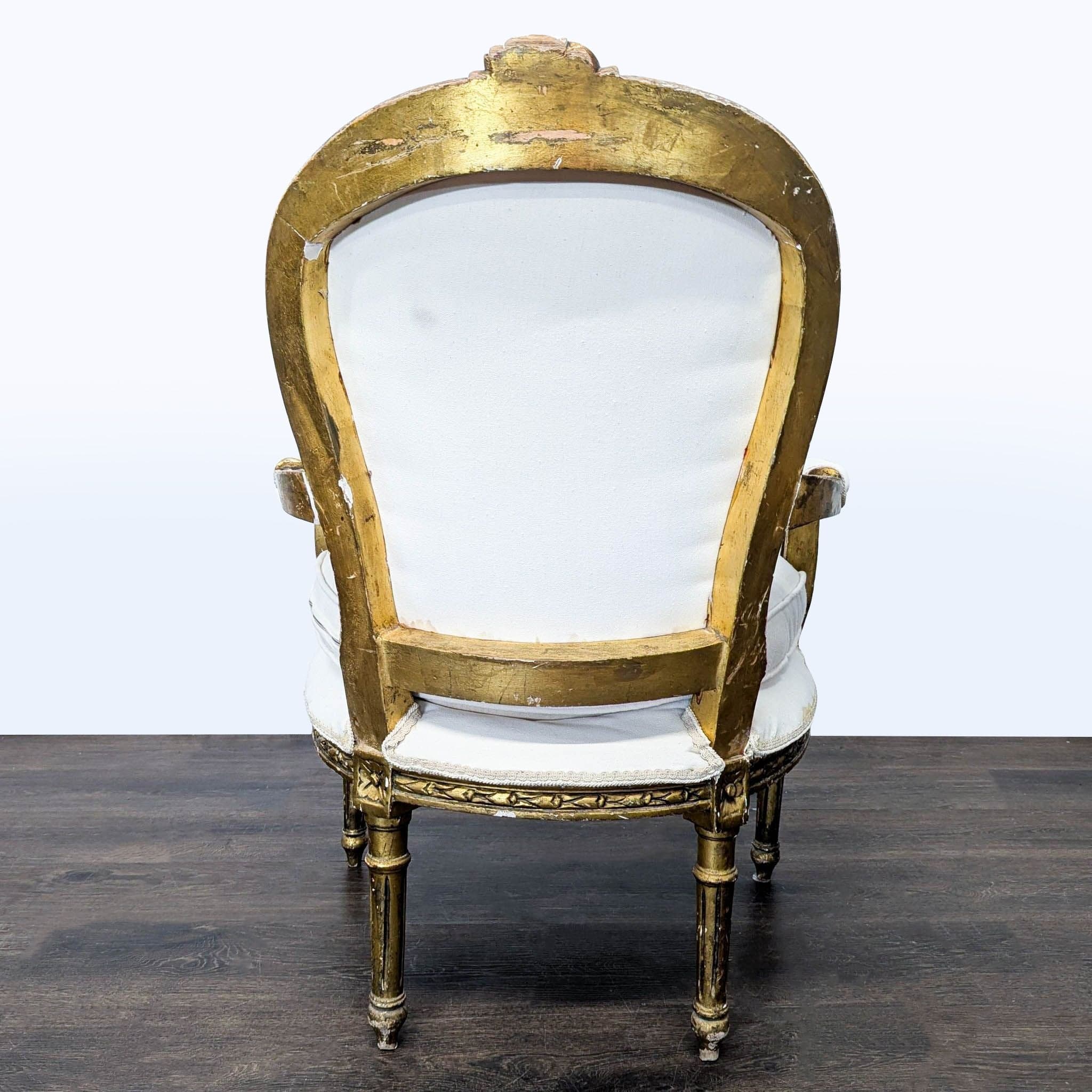 Vintage White Upholstered Lounge Chair with Ornate Gold Wooden Frame - Thumbnail 5