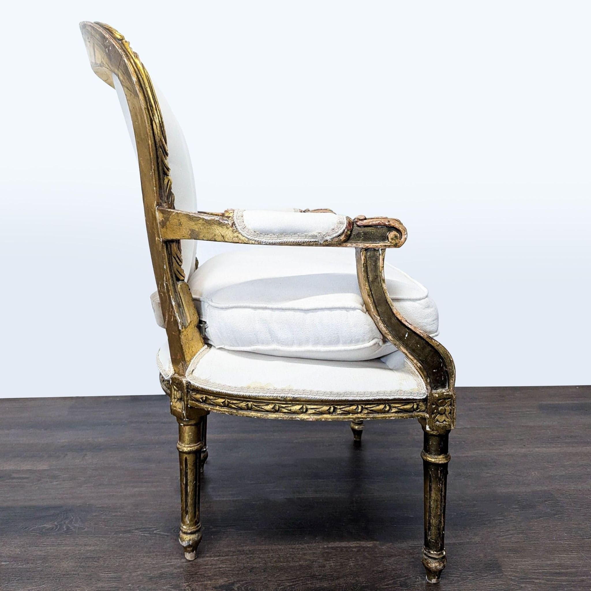 Vintage White Upholstered Lounge Chair with Ornate Gold Wooden Frame - Thumbnail 3