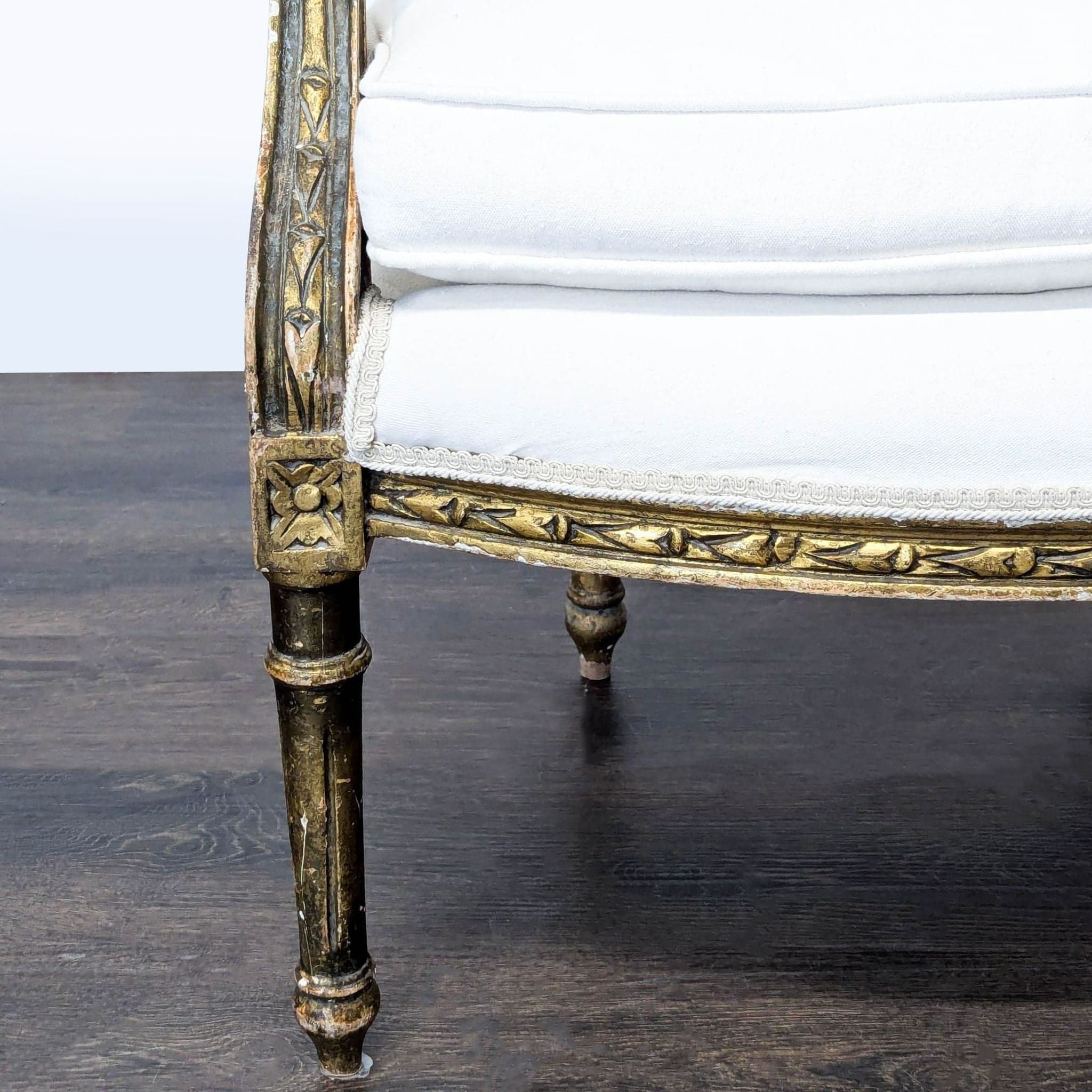 Vintage White Upholstered Lounge Chair with Ornate Gold Wooden Frame - Thumbnail 7