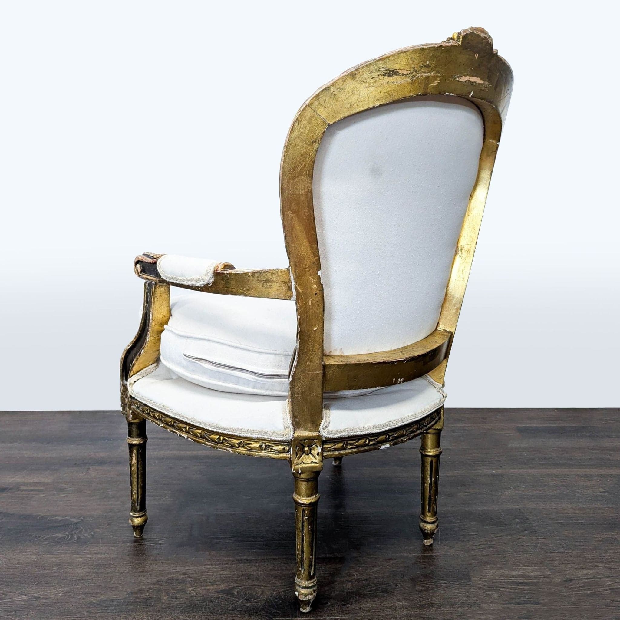 Vintage White Upholstered Lounge Chair with Ornate Gold Wooden Frame - Thumbnail 6