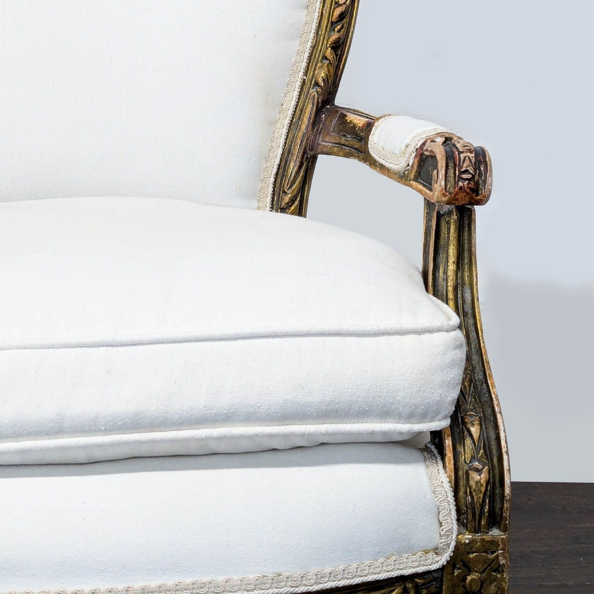 Vintage White Upholstered Lounge Chair with Ornate Gold Wooden Frame - Thumbnail 8