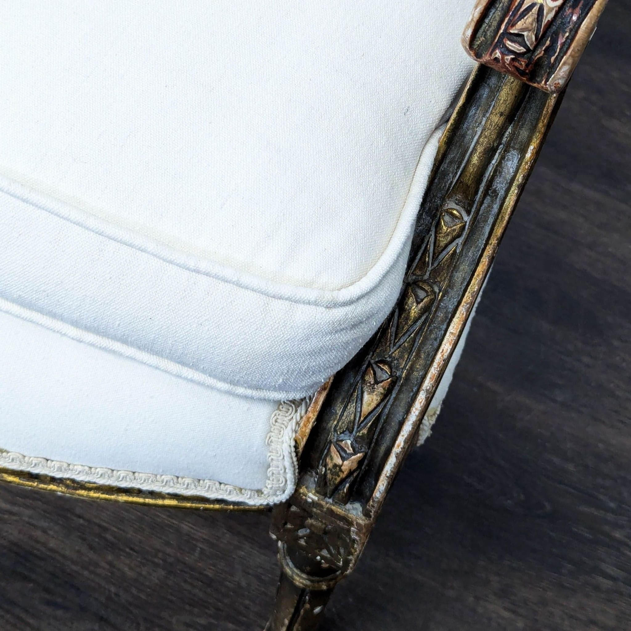 Vintage White Upholstered Lounge Chair with Ornate Gold Wooden Frame - Thumbnail 9