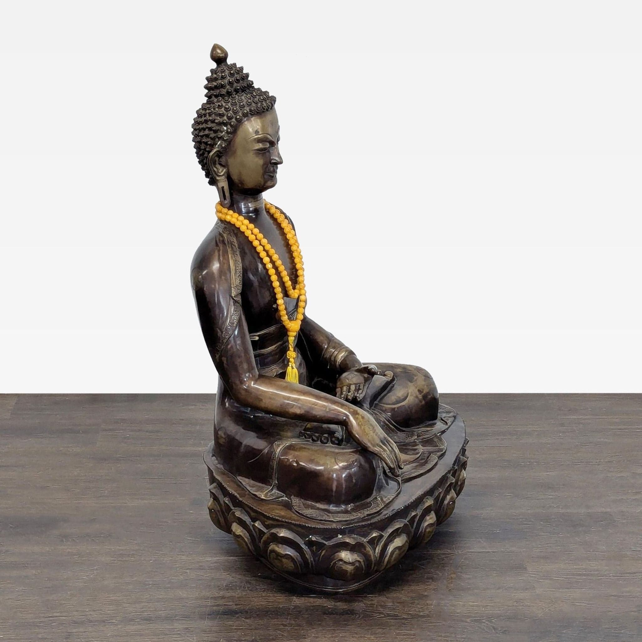 Vintage Bronze Sitting Buddha Sculpture with Yellow Bead Necklace - Thumbnail 4