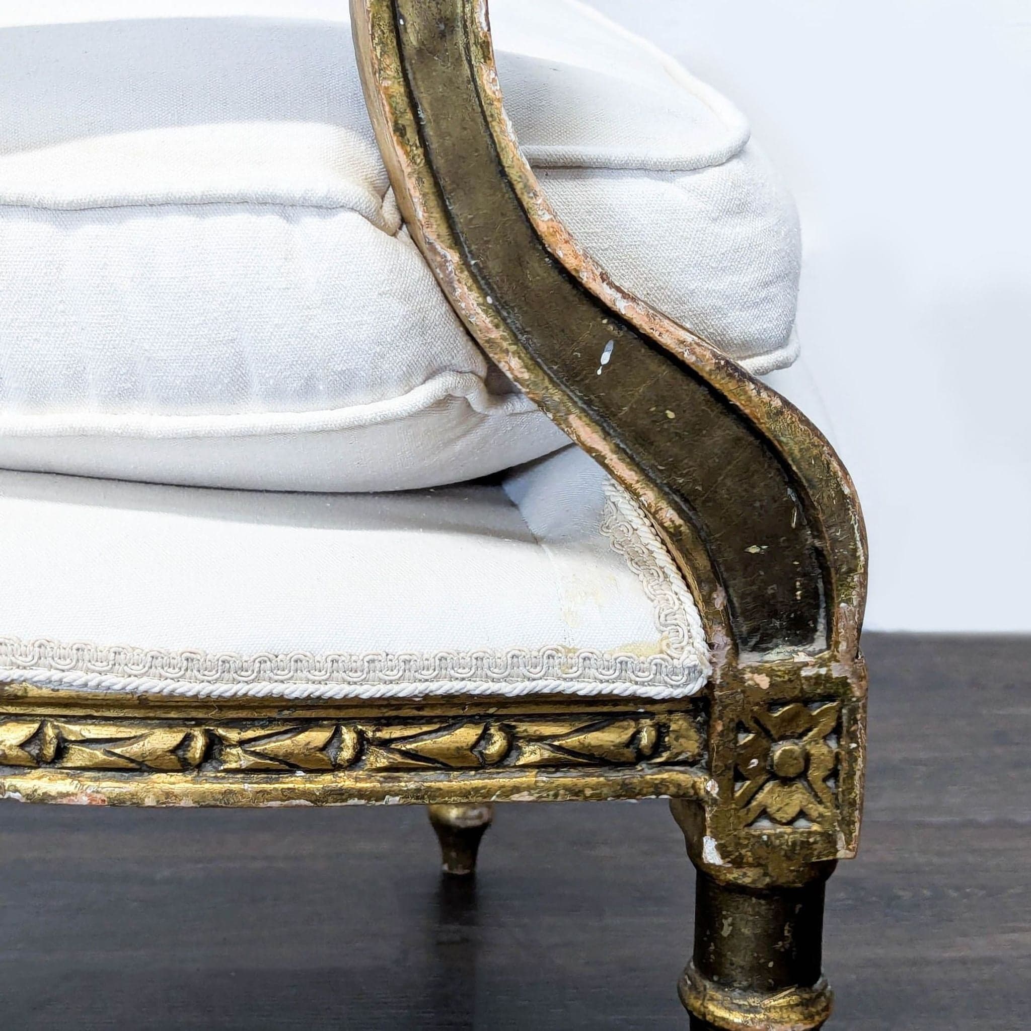 Vintage White Upholstered Lounge Chair with Ornate Gold Wooden Frame - Thumbnail 11