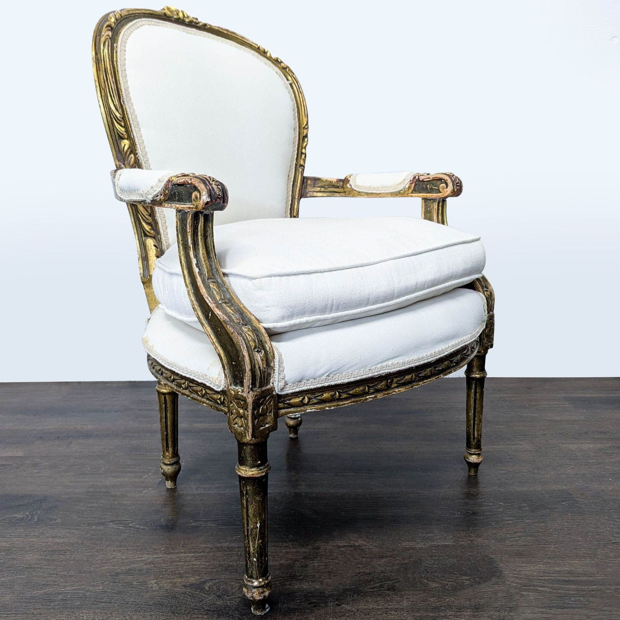 Vintage White Upholstered Lounge Chair with Ornate Gold Wooden Frame - Thumbnail 2