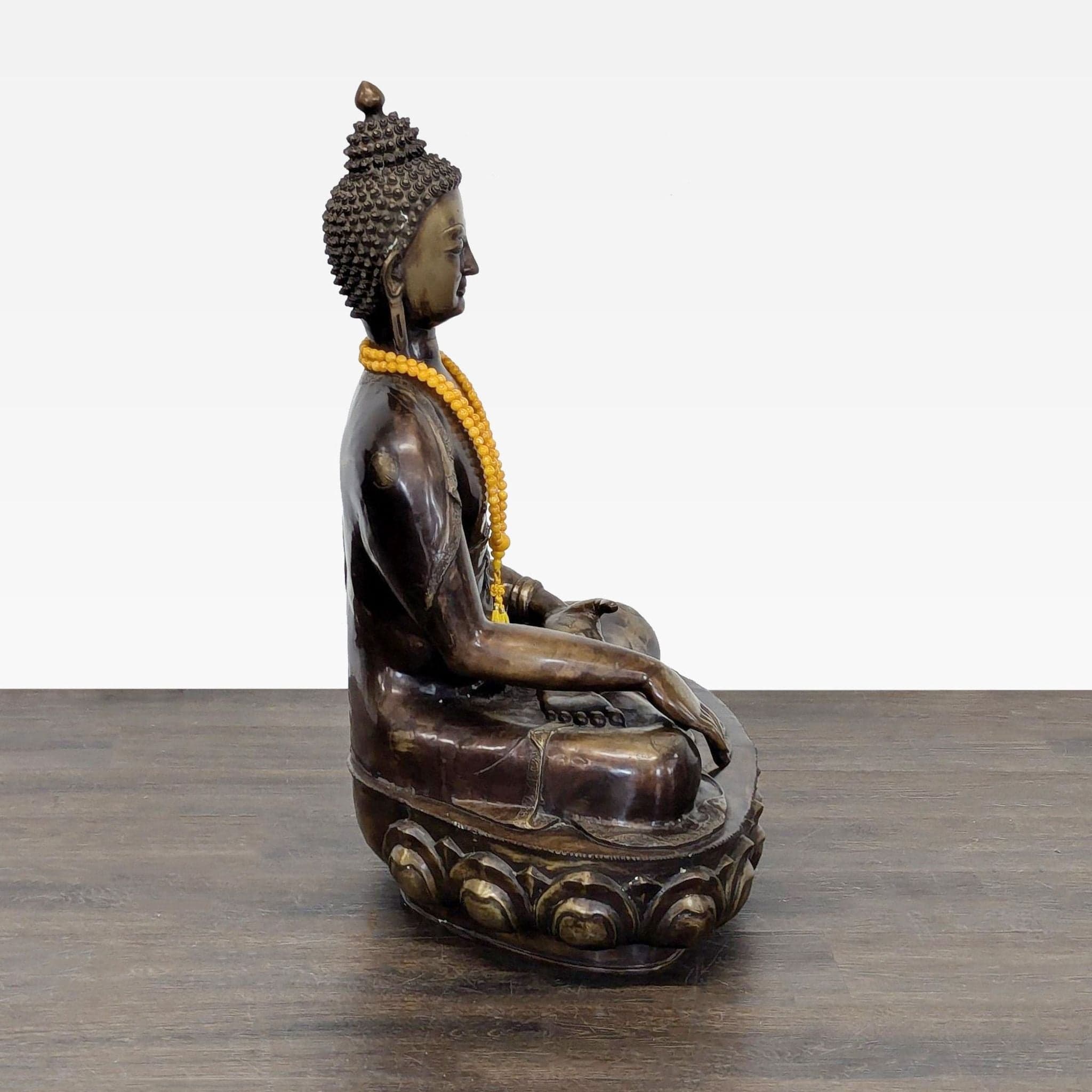 Vintage Bronze Sitting Buddha Sculpture with Yellow Bead Necklace - Thumbnail 3