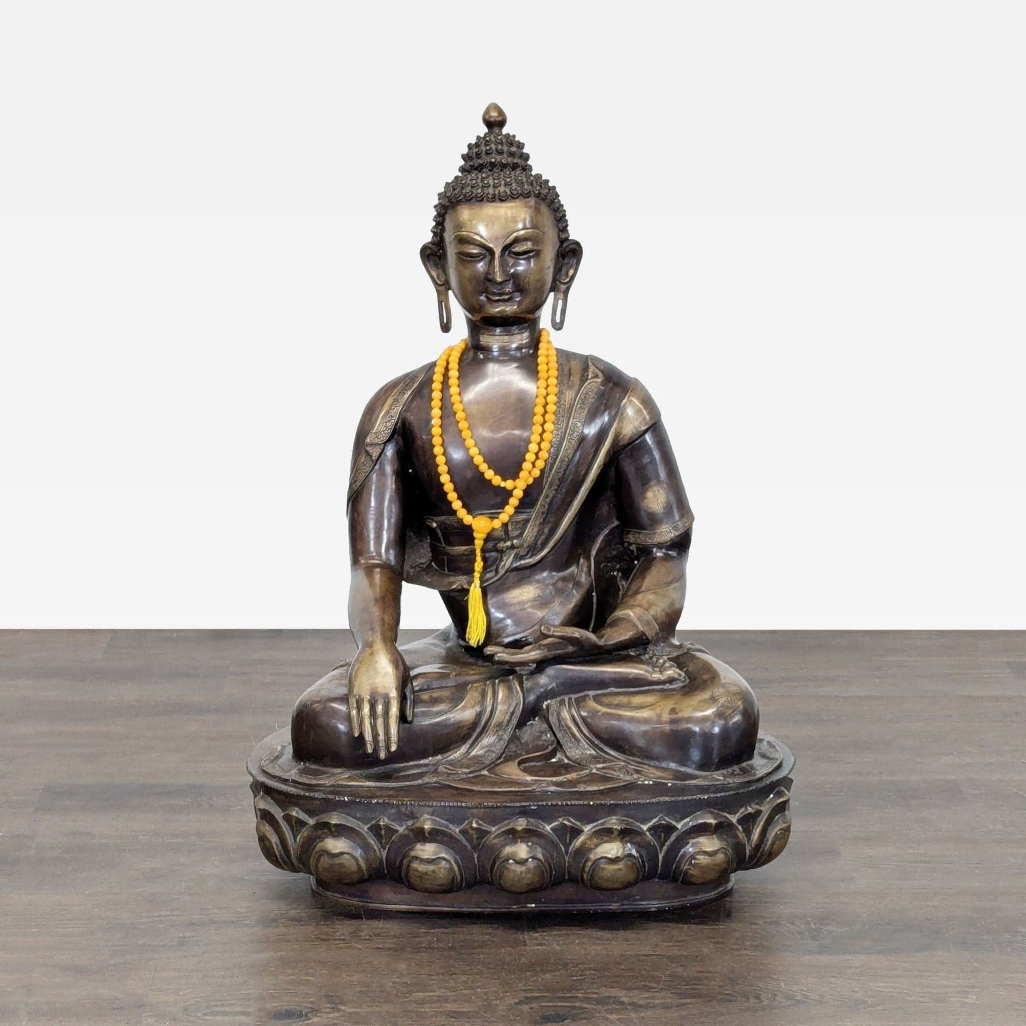 Vintage Bronze Sitting Buddha Sculpture with Yellow Bead Necklace