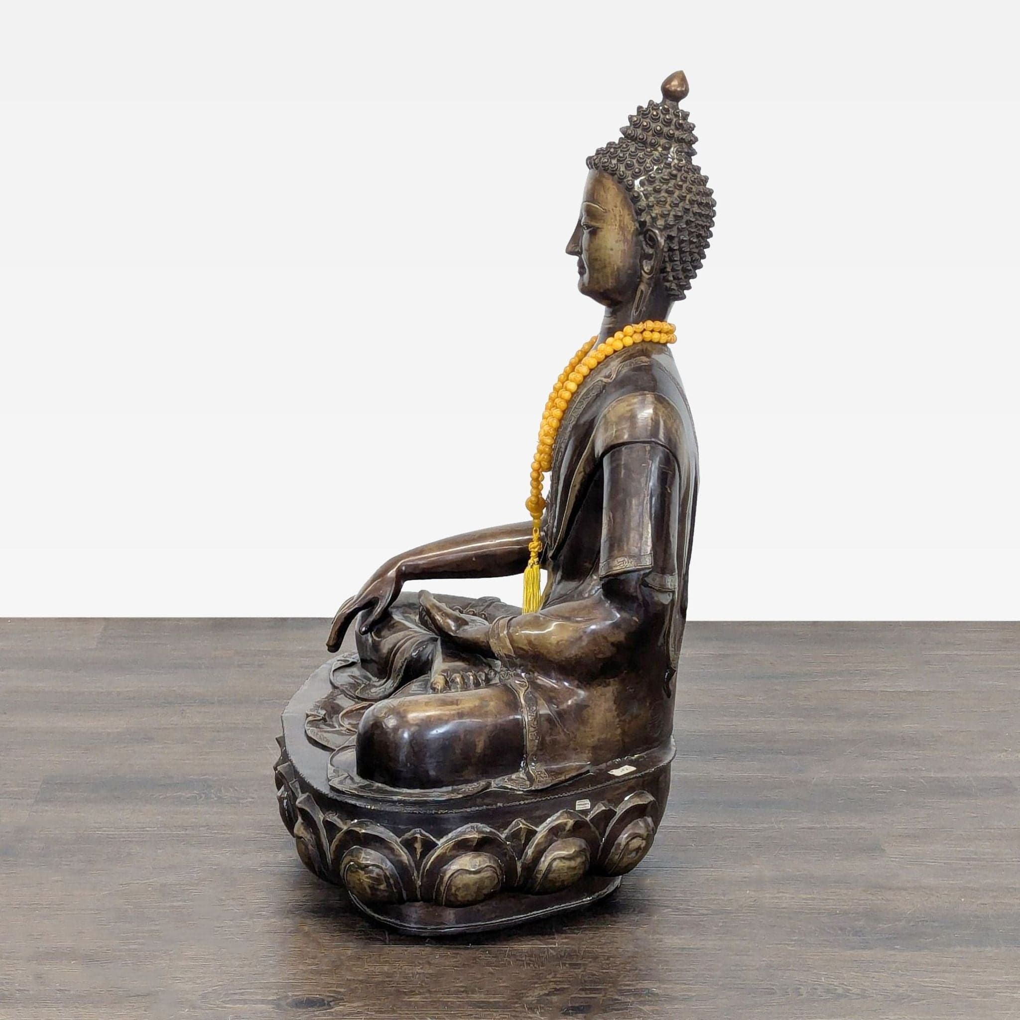 Vintage Bronze Sitting Buddha Sculpture with Yellow Bead Necklace - Thumbnail 7
