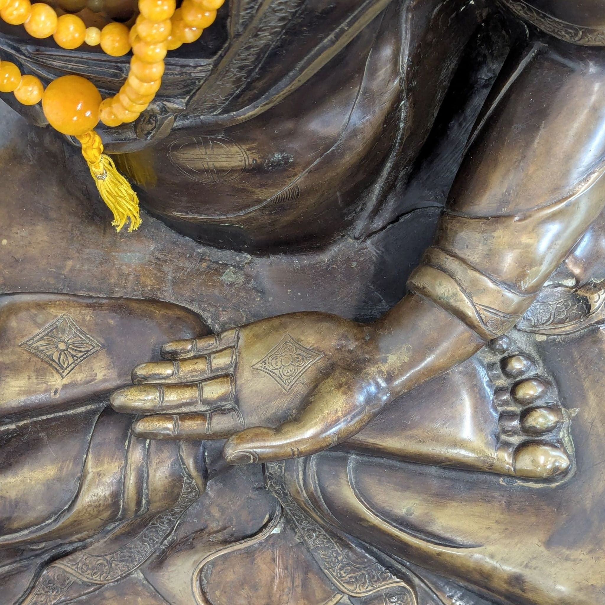 Vintage Bronze Sitting Buddha Sculpture with Yellow Bead Necklace - Thumbnail 5