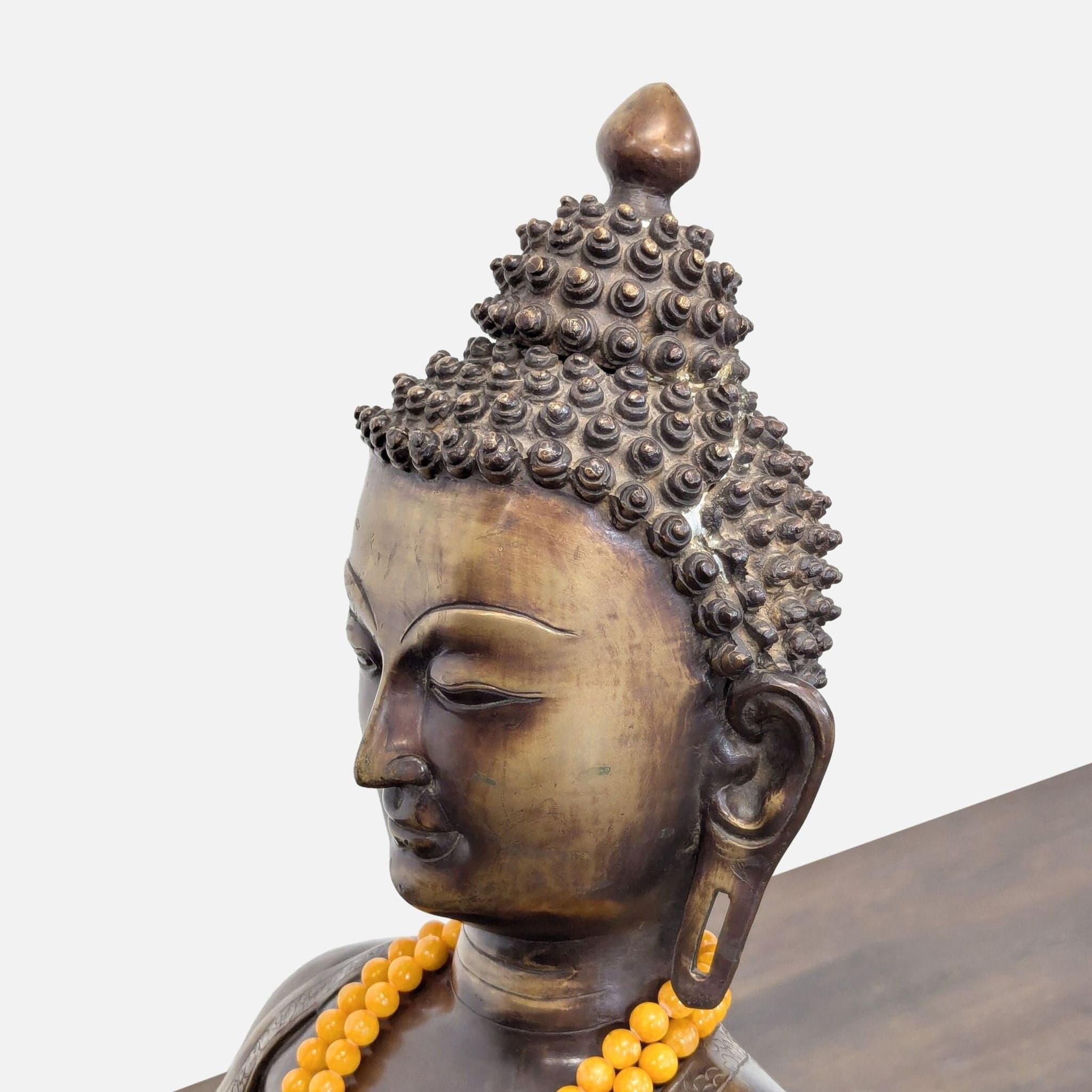 Vintage Bronze Sitting Buddha Sculpture with Yellow Bead Necklace - Thumbnail 2