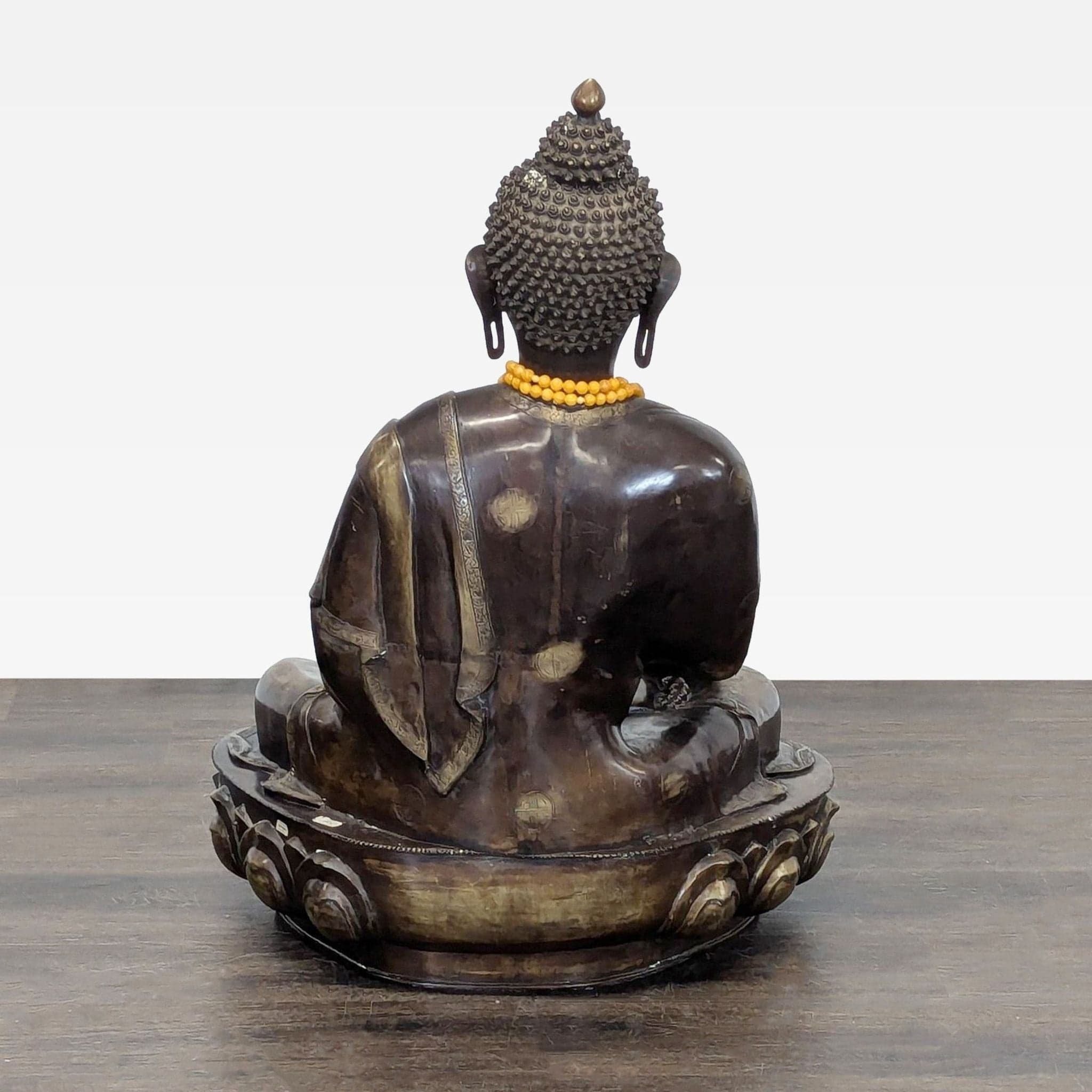 Vintage Bronze Sitting Buddha Sculpture with Yellow Bead Necklace - Thumbnail 8