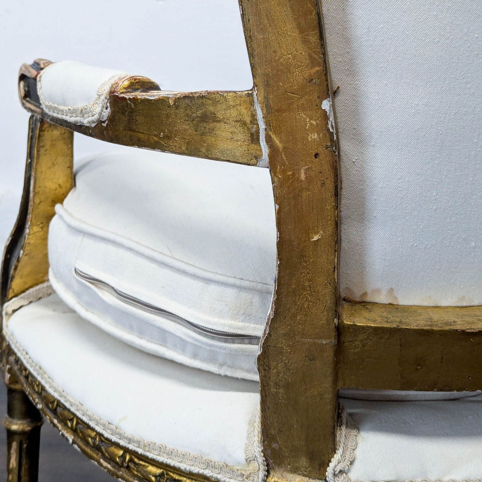 Vintage White Upholstered Lounge Chair with Ornate Gold Wooden Frame - Thumbnail 13