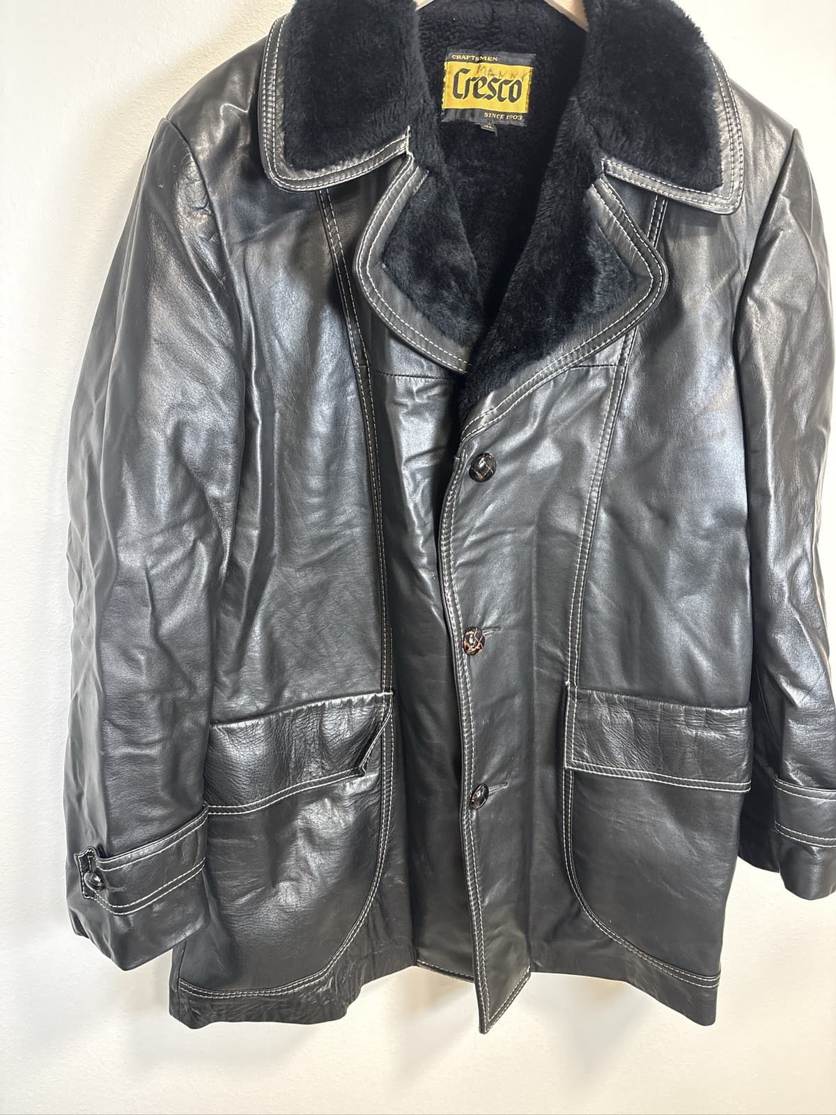 Vintage Cresco Men's Black Leather Faux Fur Lined Button Front Coat 42 - Thumbnail 3